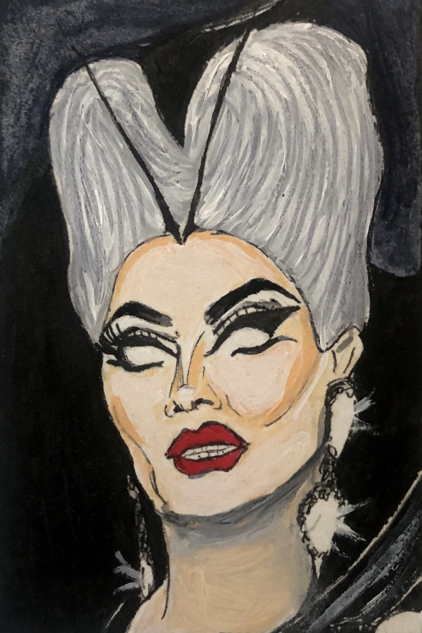 A holiday ornament for the top of my little black tree of Swanthula Boulet of the Boulet Brothers (along with Dracmorda on the other side of the card). Created with acrylic paint and ink.