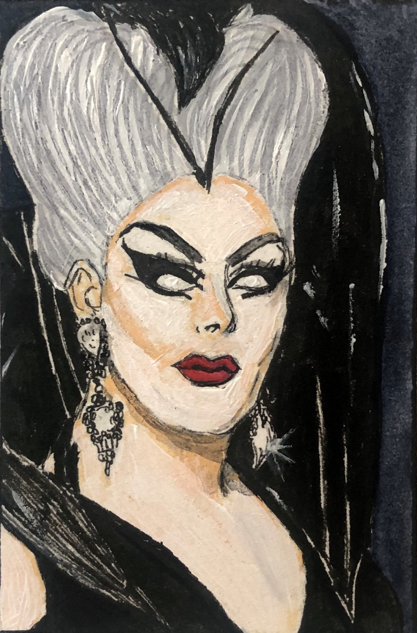 A holiday ornament for the top of my little black tree of Dracmorda Boulet of the Boulet Brothers (along with Swanthula on the other side of the card). Created with acrylic paint and ink.