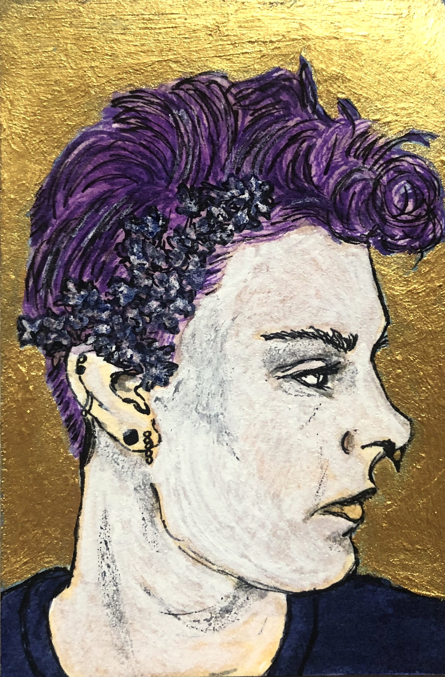 A mixed media portrait. Reference is meanyweenie on Museum by Sktchy. Created with acrylic paint and ink.