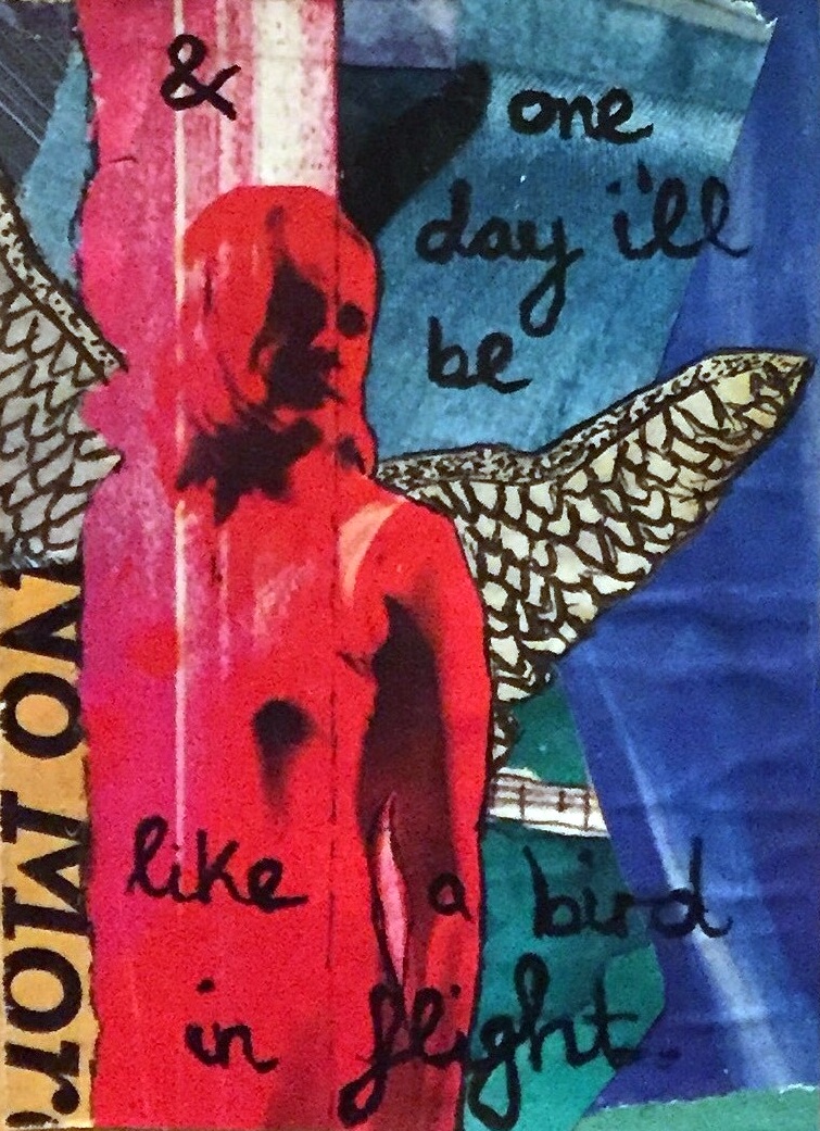 A mixed media collage artist trading card of a woman with wings and the lyrics & one day I’ll be like a bird in flight by the doom metal band, SubRosa.
