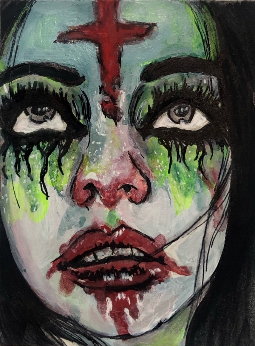 A mixed media portrait of a woman with makeup running, blood around her mouth, and a cross on her forehead. Reference was mkisdead on Museum by Sktchy, inspiration also came from the song Slave to Evil by :wumpscut:. Created with gouache, acrylic paint, and ink.
