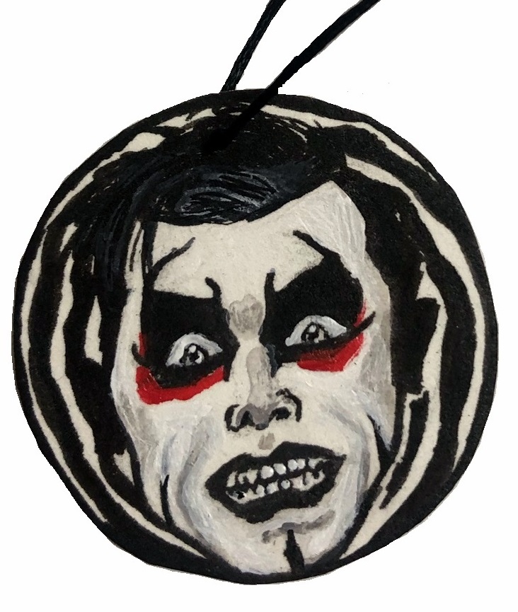A holiday ornament of very nice, very evil wrestler, Danhausen! Created with acrylic paint and ink.