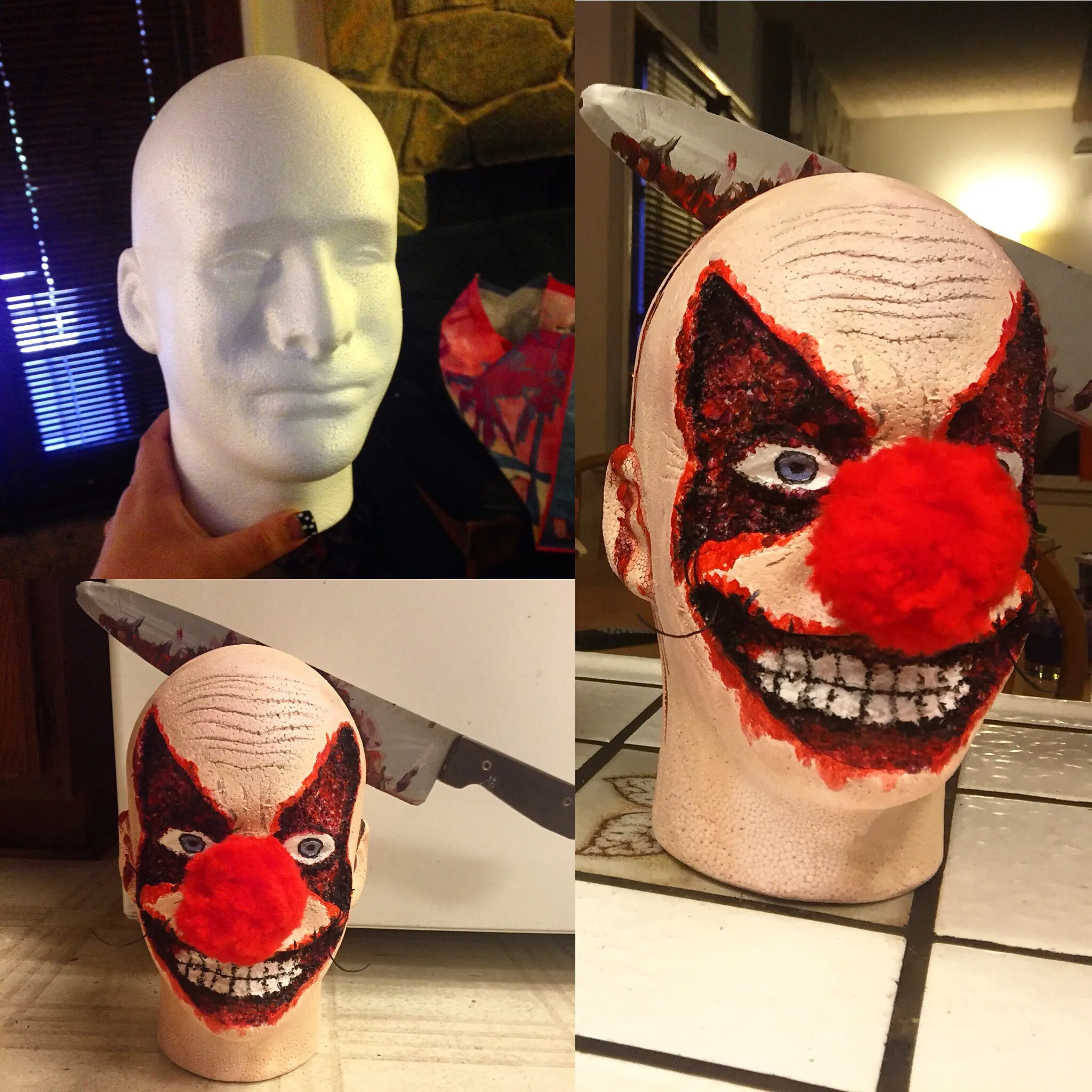 A before and after of a scary bloody clown with a knife in its (foam) head made for Halloween; created with acrylic paint and ink. Wish I had taken better pictures, it disappeared soon after!