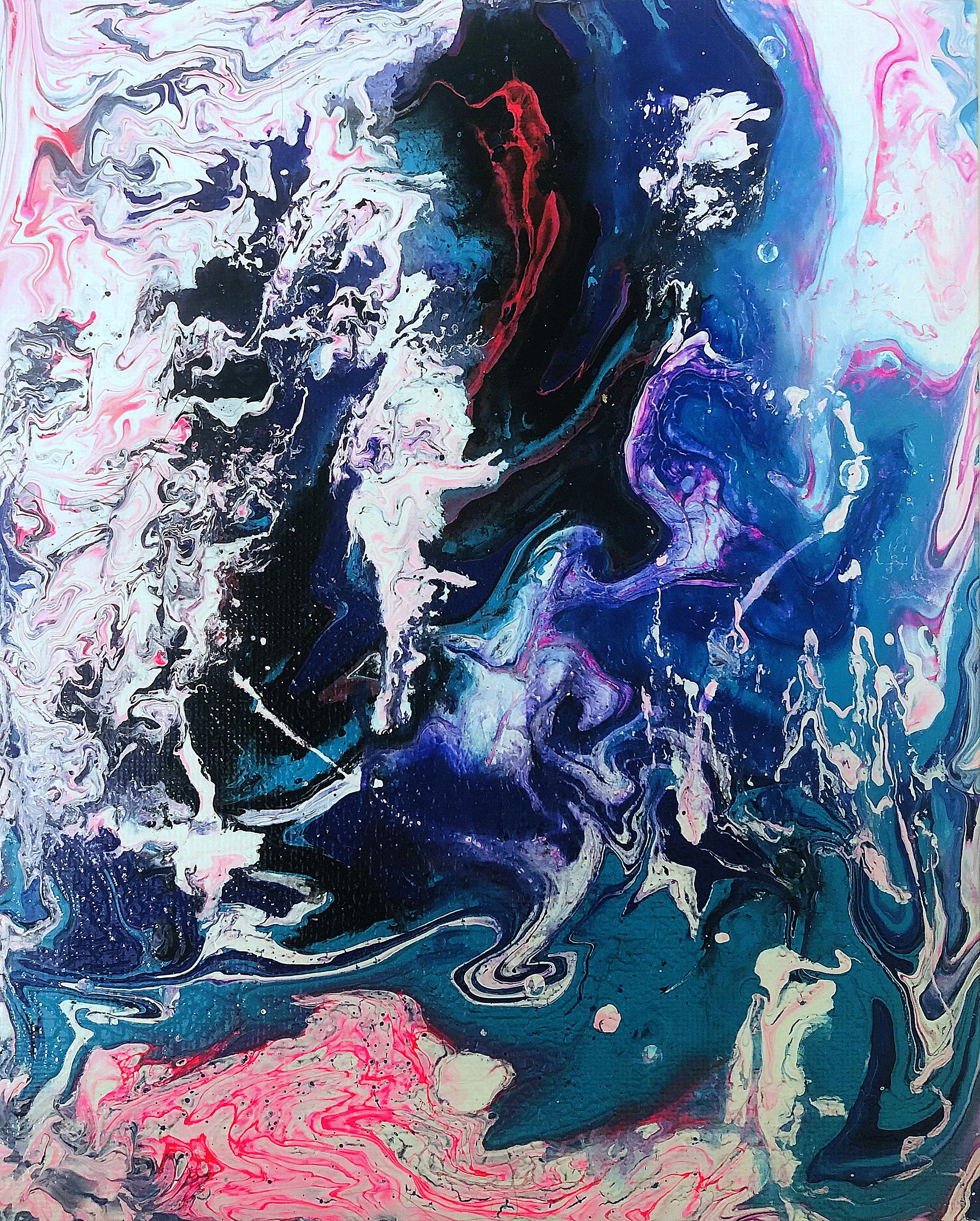 Acrylic paint with silicone on canvas. This was my second attempt at a paint pour. I was just doing a dirty flip cup and it wasn’t doing what I wanted it to do, but I like how parts of it turned out (kind of reminds me of Earth from space, just with neon pink clouds haha).