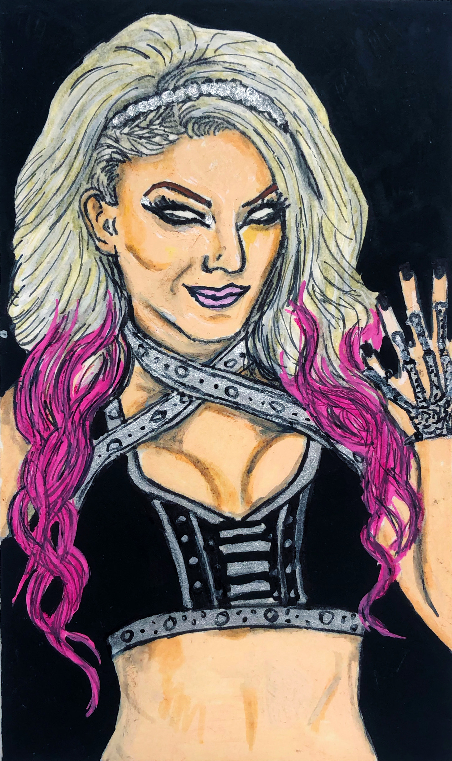 A stylized portrait on an index card of WWE wrestler Alexa Bliss; I created the portrait with ink and acrylic markers.