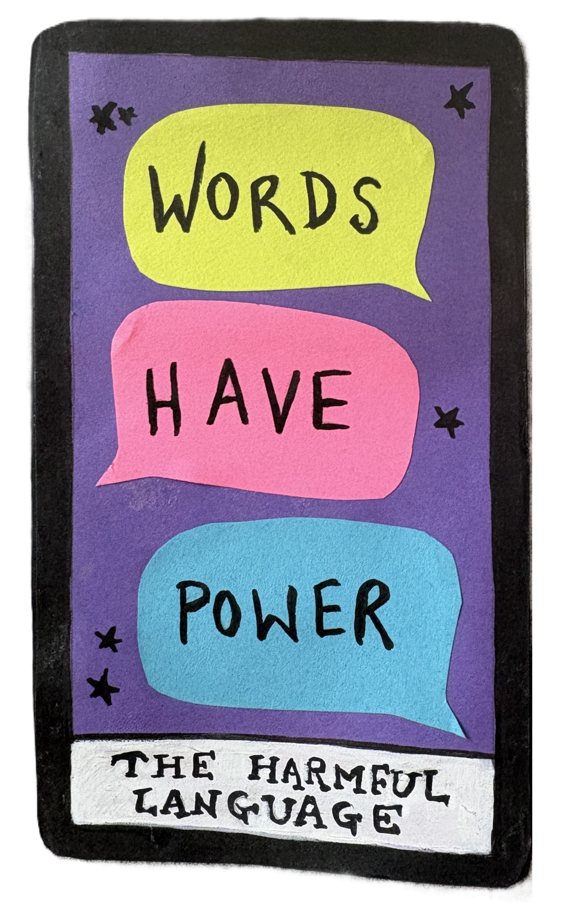 The Harmful Laguage with colorful speech bubbles that say Words Have Power.