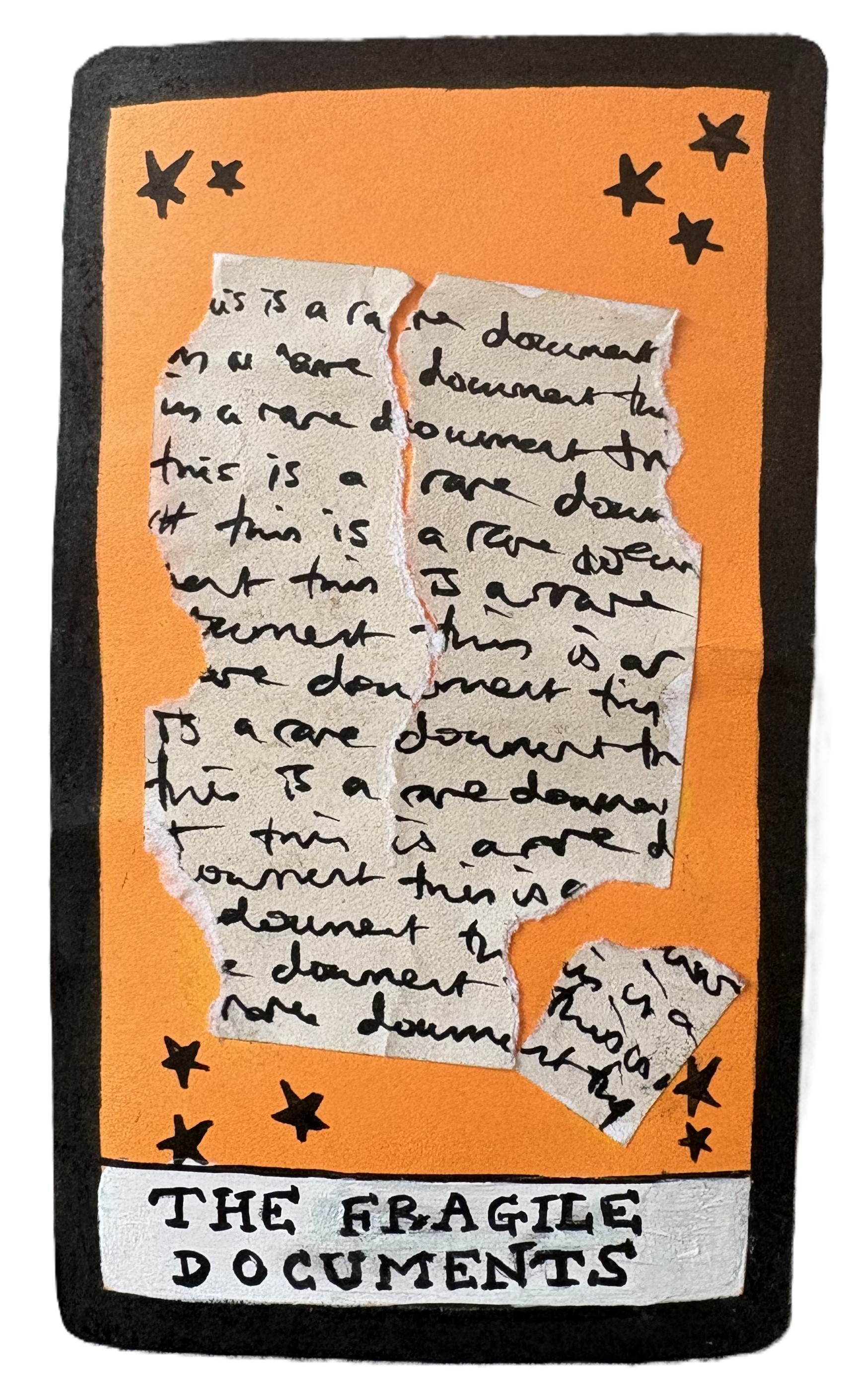 The Fragile Documents with a torn rare document glued to the card.