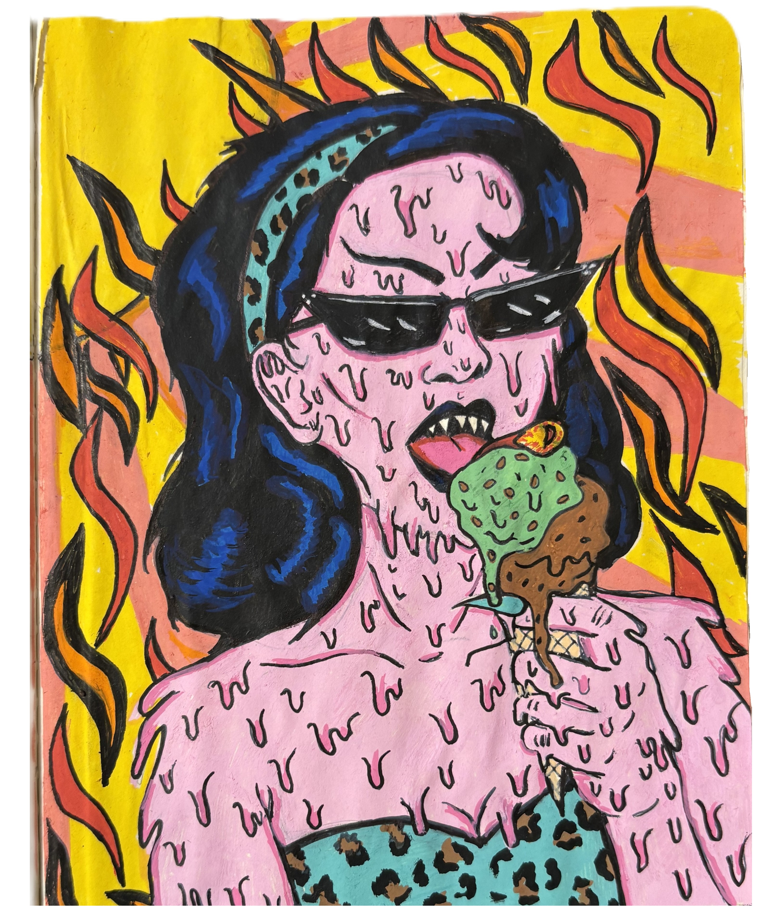An art journal illustration of a melting demon pin-up woman licking an ice cream with an eyeball on top and flames behind her; the drawing was for a draw this in your style challenge. The original piece was by classycreeps on Instagram.