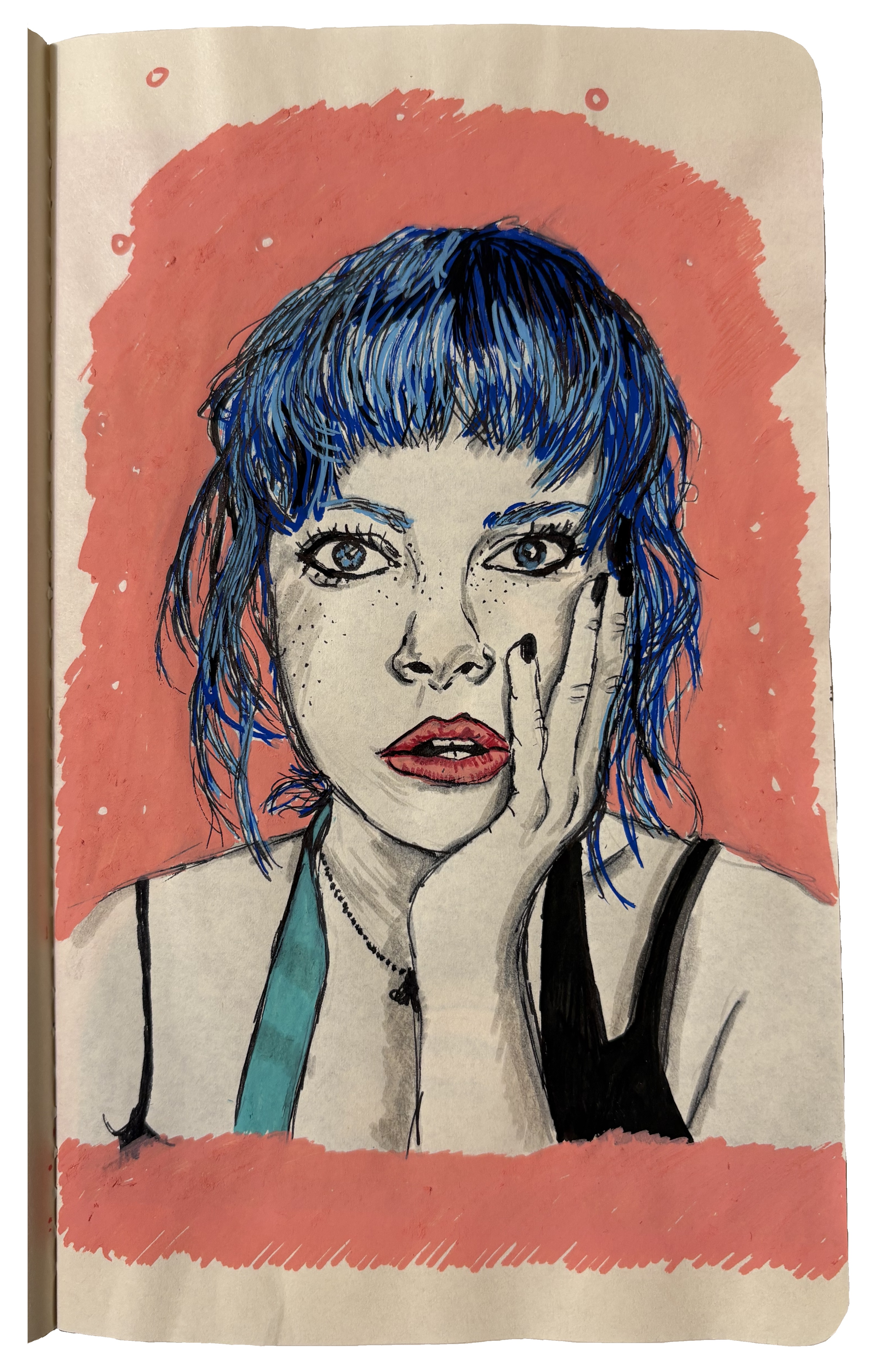An art journal illustration of a woman with blue hair looking shocked, reference from Sktchy.