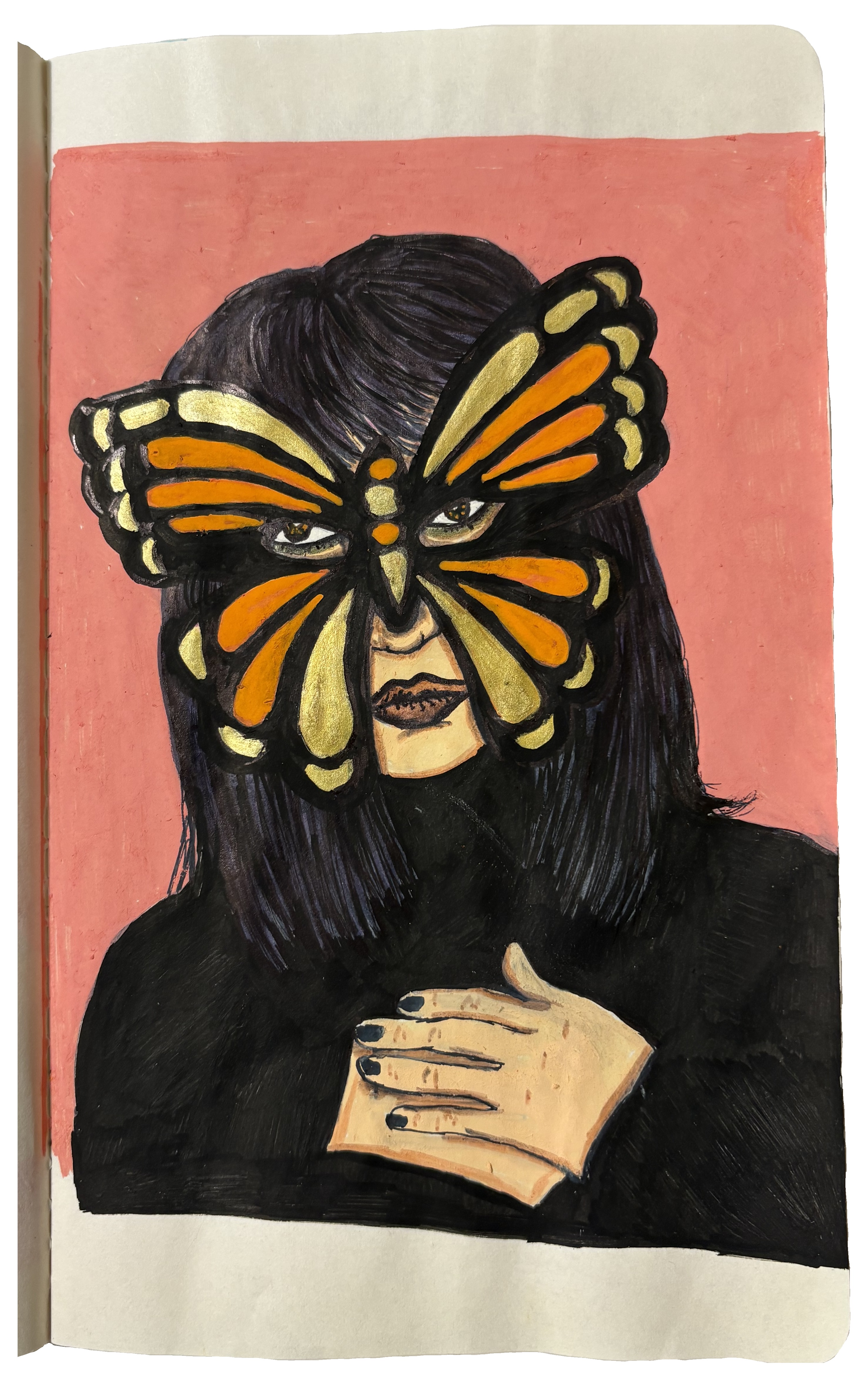 An art journal illustration of a woman with a butterfly mask over her face and hands on her chest, reference from Sktchy.