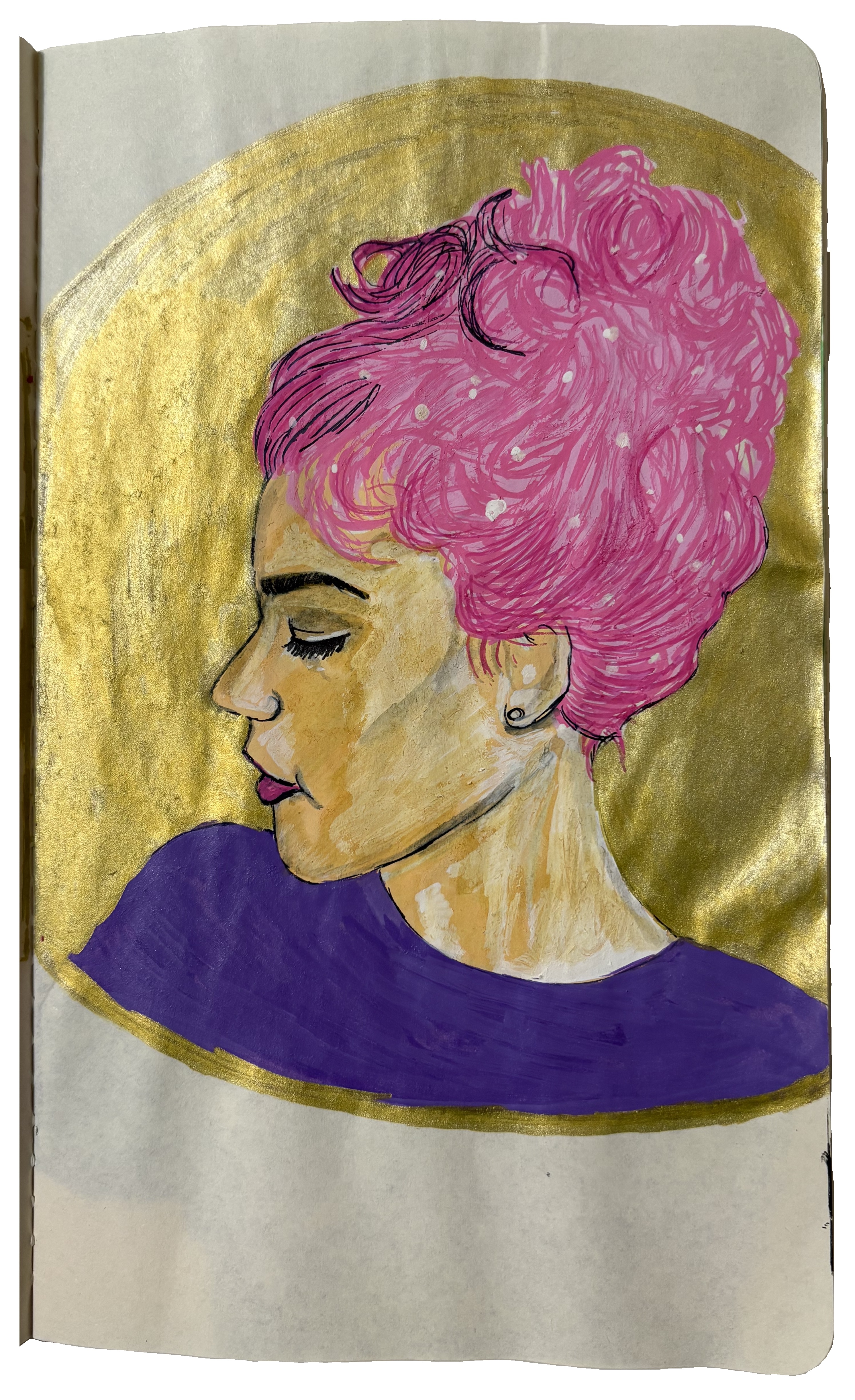 An art journal illustration of a woman in profile with pink hair, reference from Sktchy.