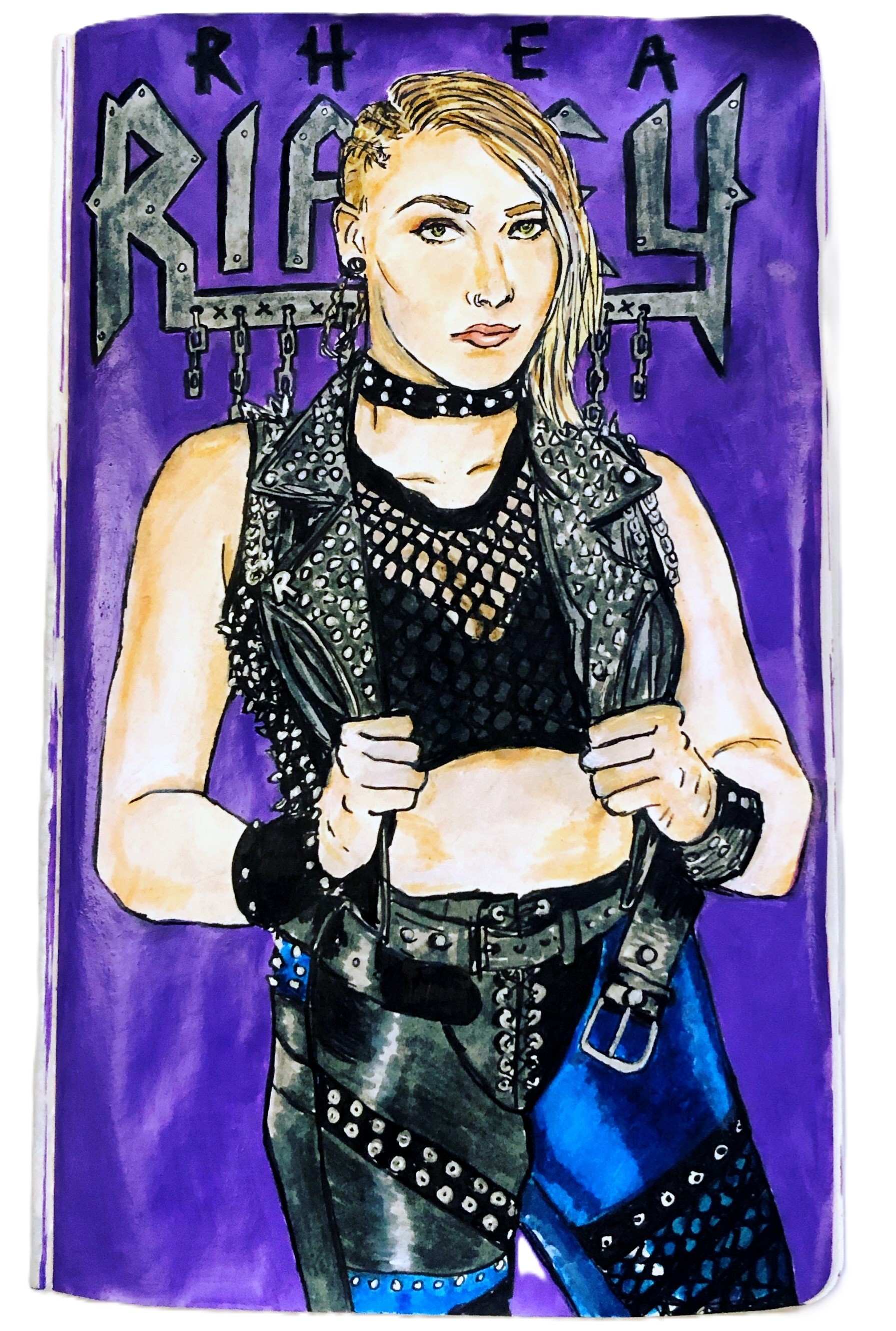 An art journal illustration of WWE wrestler Rhea Ripley.