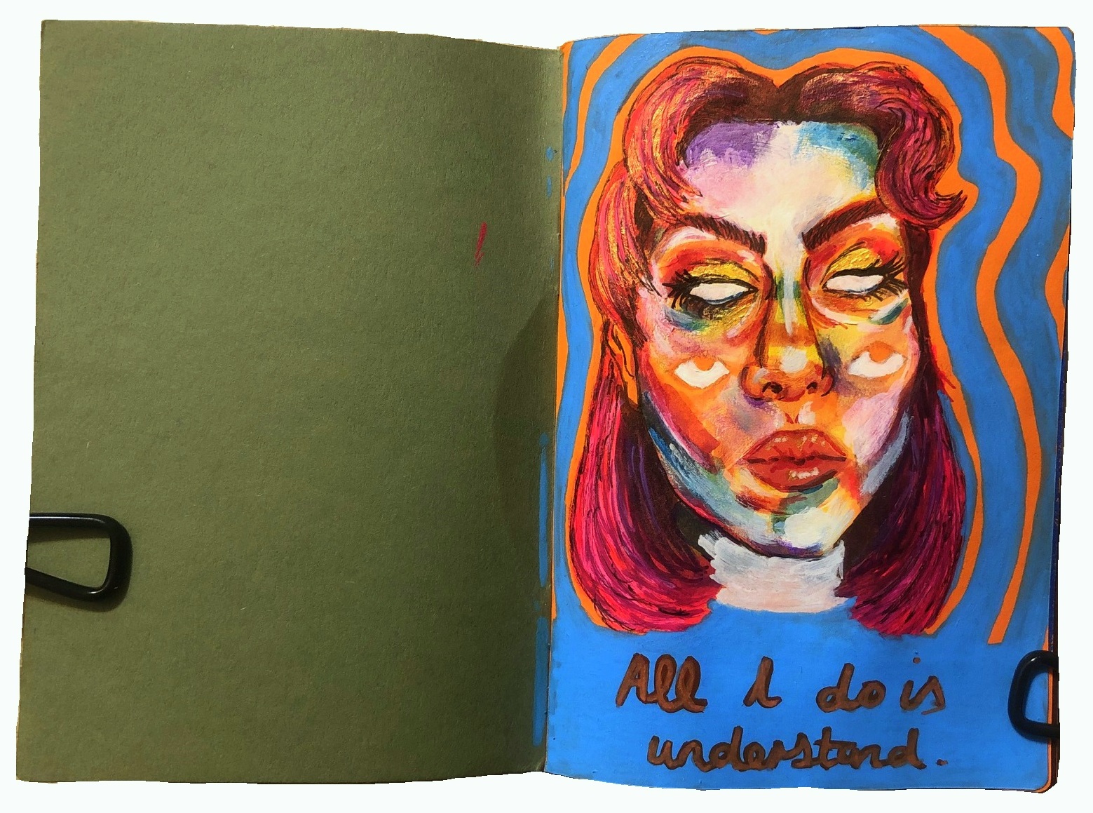An illustrated art journal page with a portrait of a colorful but frustrated woman with four eyes, underneath her are the words, All I do is understand. Reference photo is nat1101 on the Museum by Sktchy app.