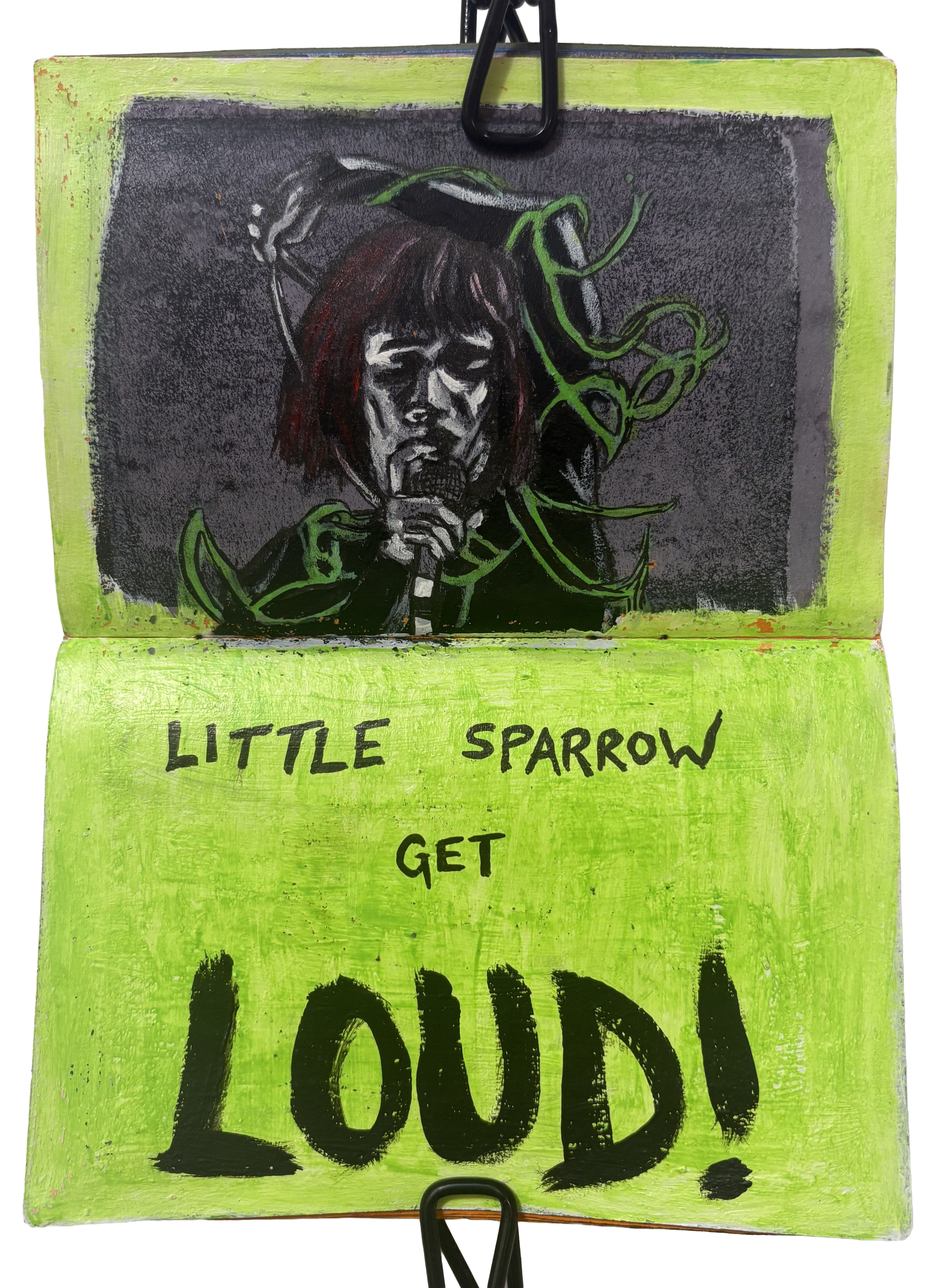 A mixed media art journal page with an illustrated portrait of musician Julie Christmas singing into a mic while tangled in fiber optics and her Supernatural lyrics scrawled underneath.