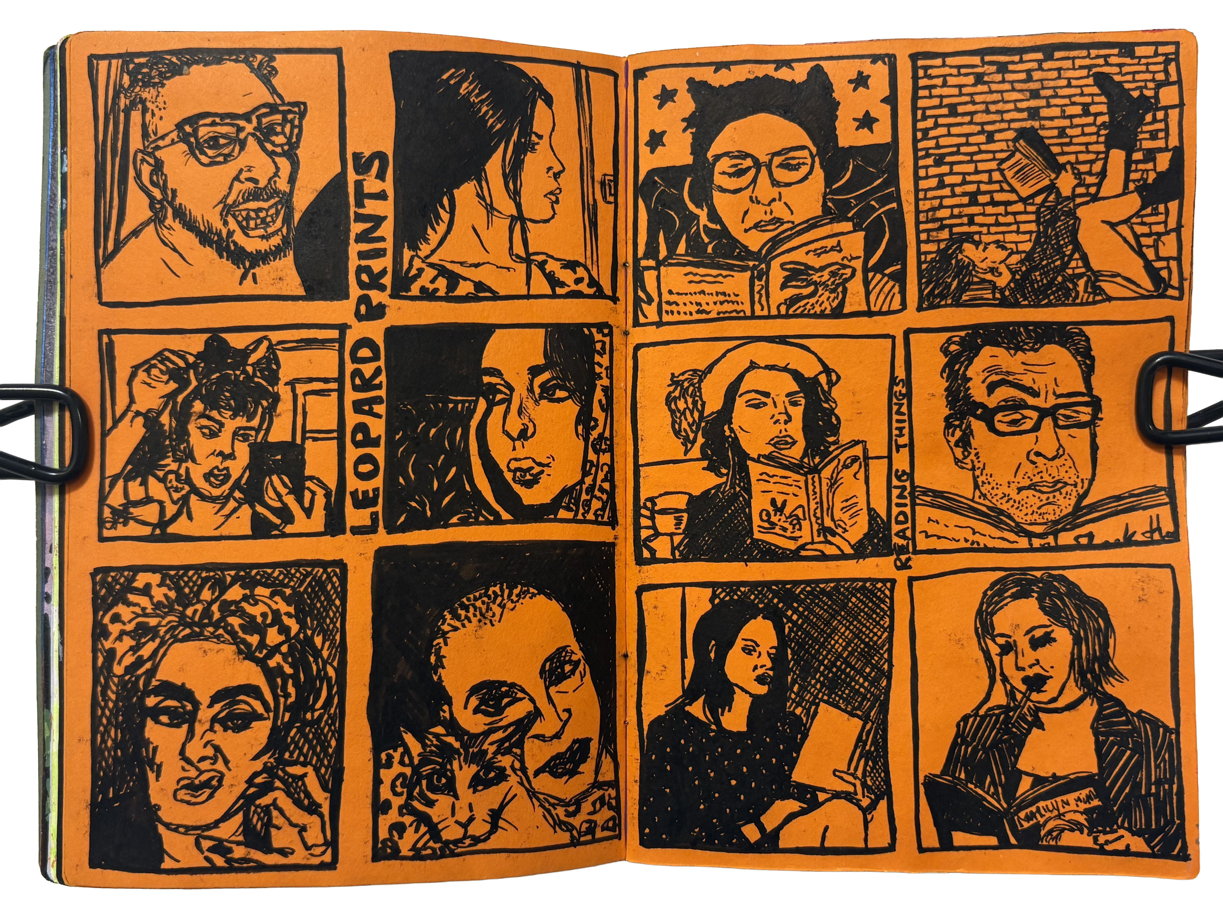 An illustrated art journal page with small quick portraits from the Museum by Sktchy app. The left side has a theme of leopard prints and the right side has a theme of reading.
