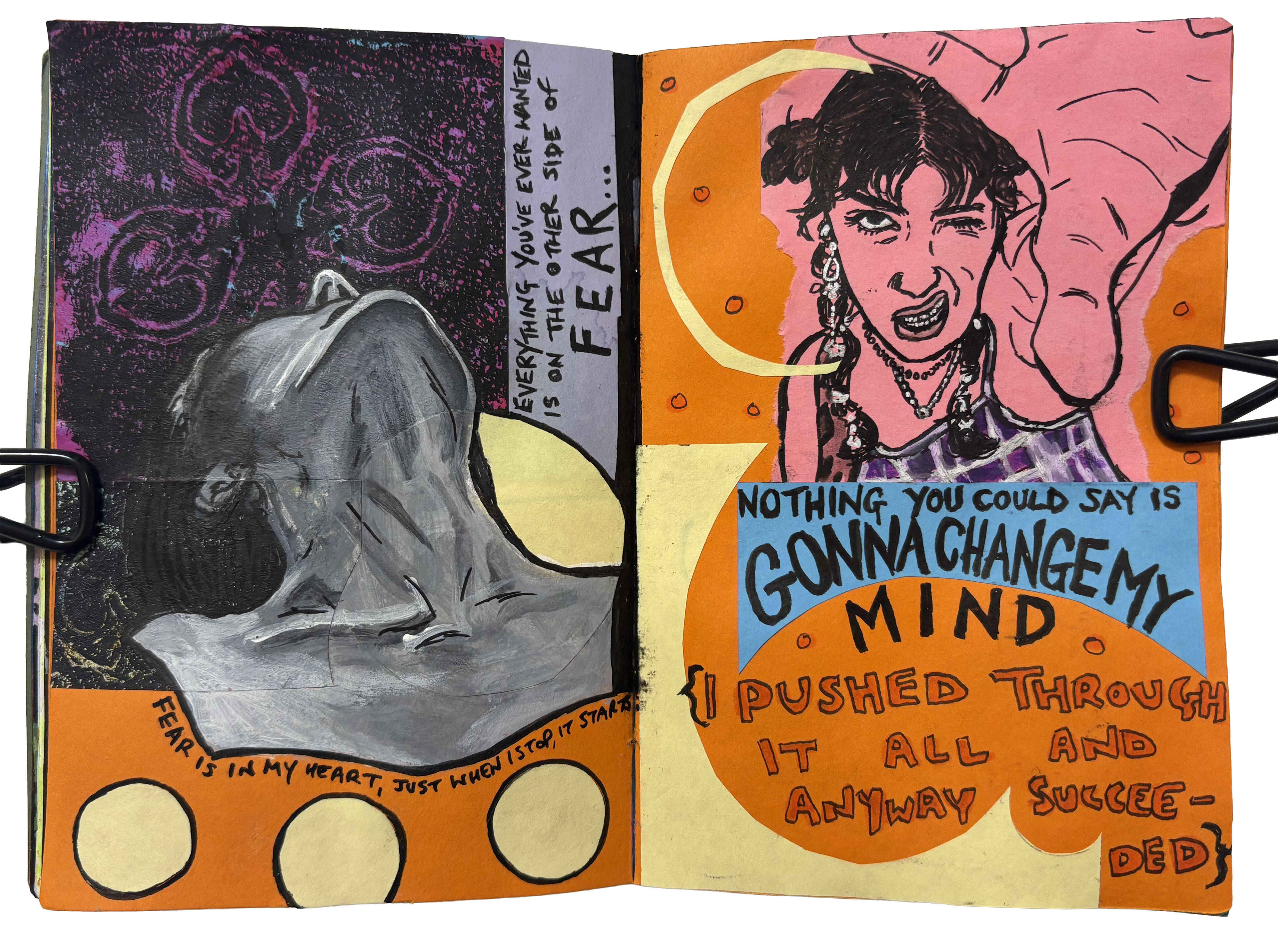 A mixed media art journal page with illustrations of women looking stressed, surrounded by quotes and lyrics by Foo Fighters and Stone Sour about fear. There are collaged shapes and doodles surrounding the drawings.