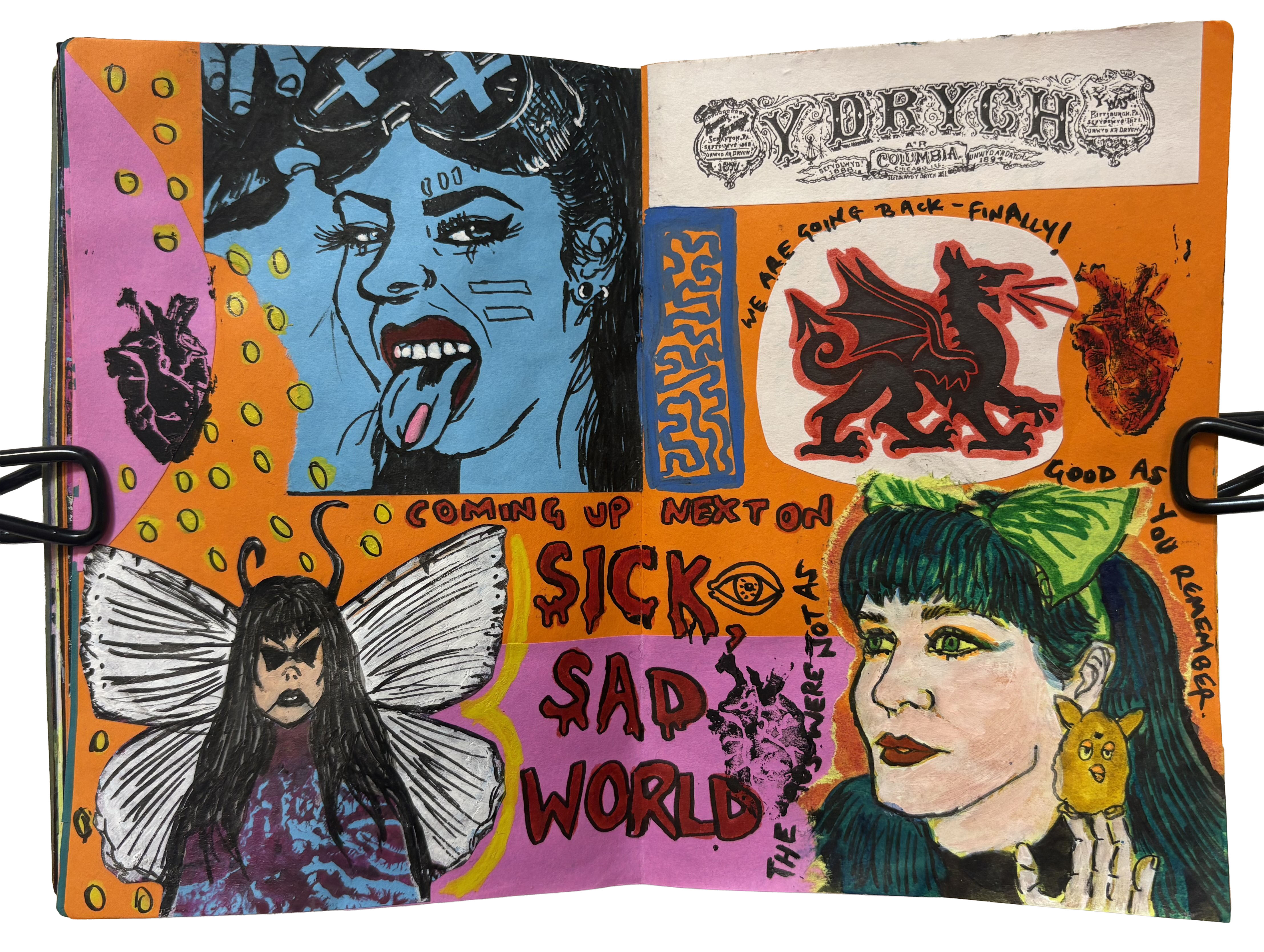 A mixed media art journal page with various weird illustrations and stamps reminiscent of the 90s including references to Daria and a furby as an earring.