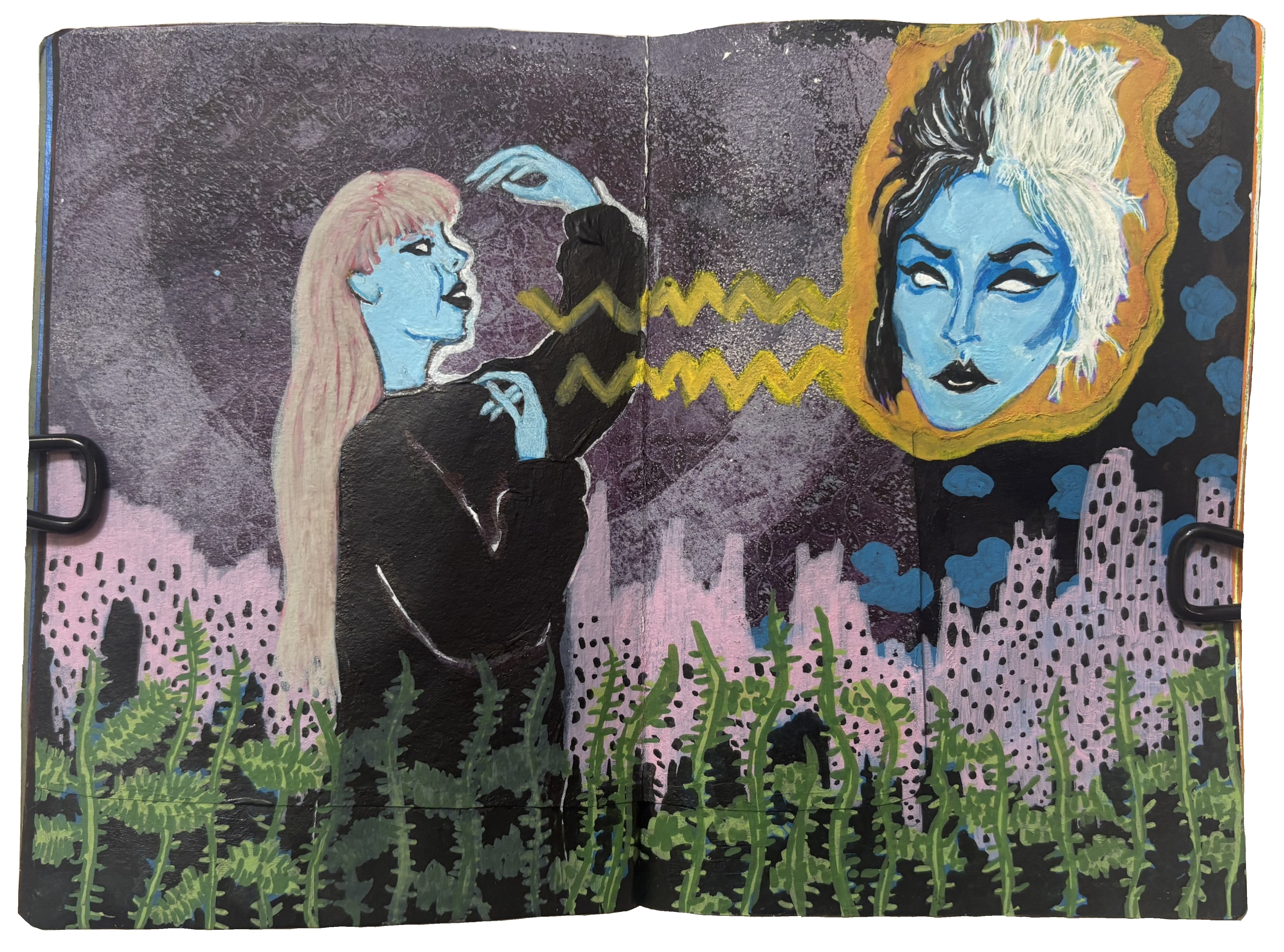 A mixed media art journal page with an illustration of a blue woman summoning a blue demon with magic. There are doodles of weeds in the foreground.