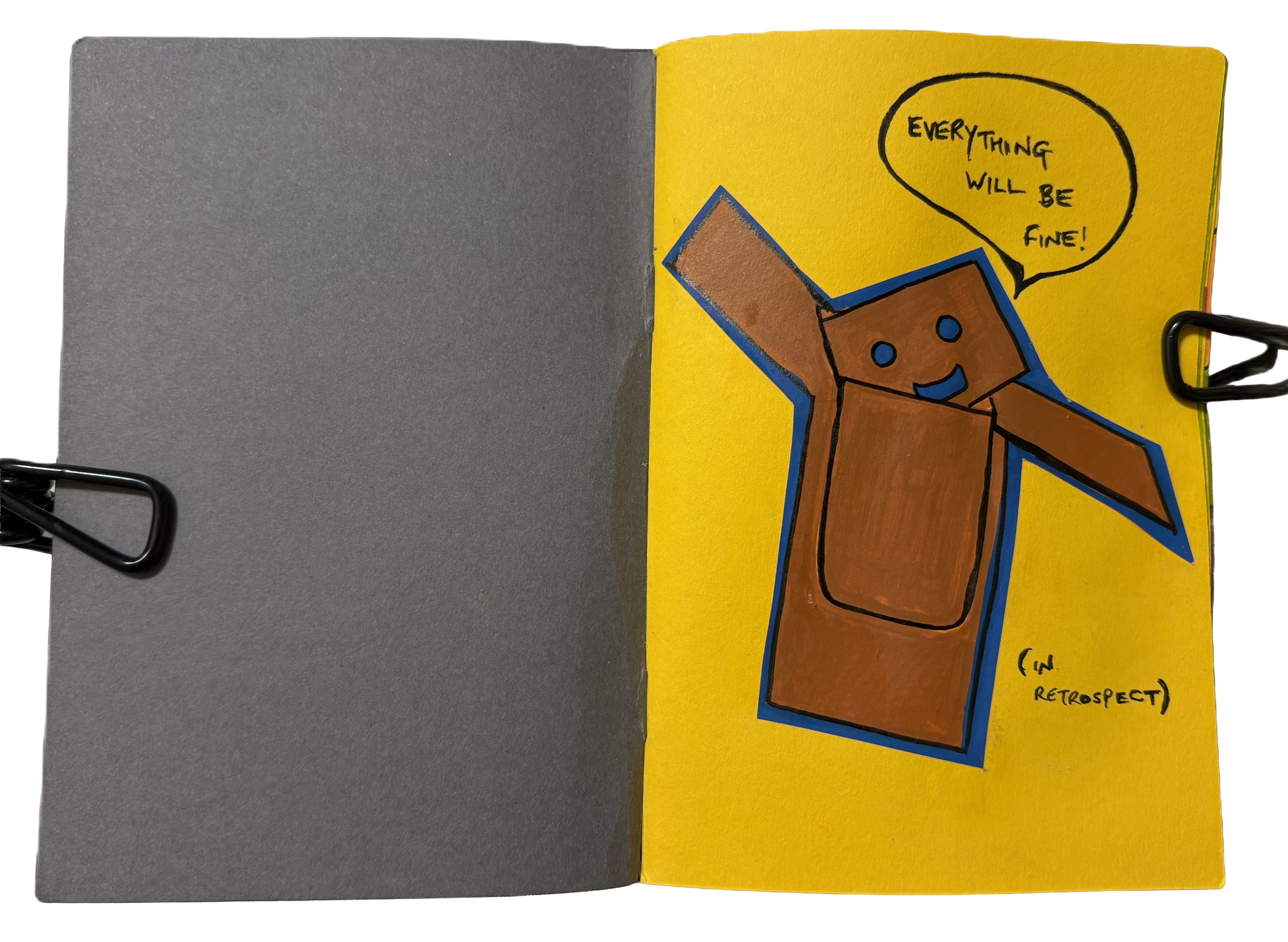 November 2025: An illustration of stacked cardboard boxes that looked like a fun cartoon character saying everything will be fine... in restrospect.