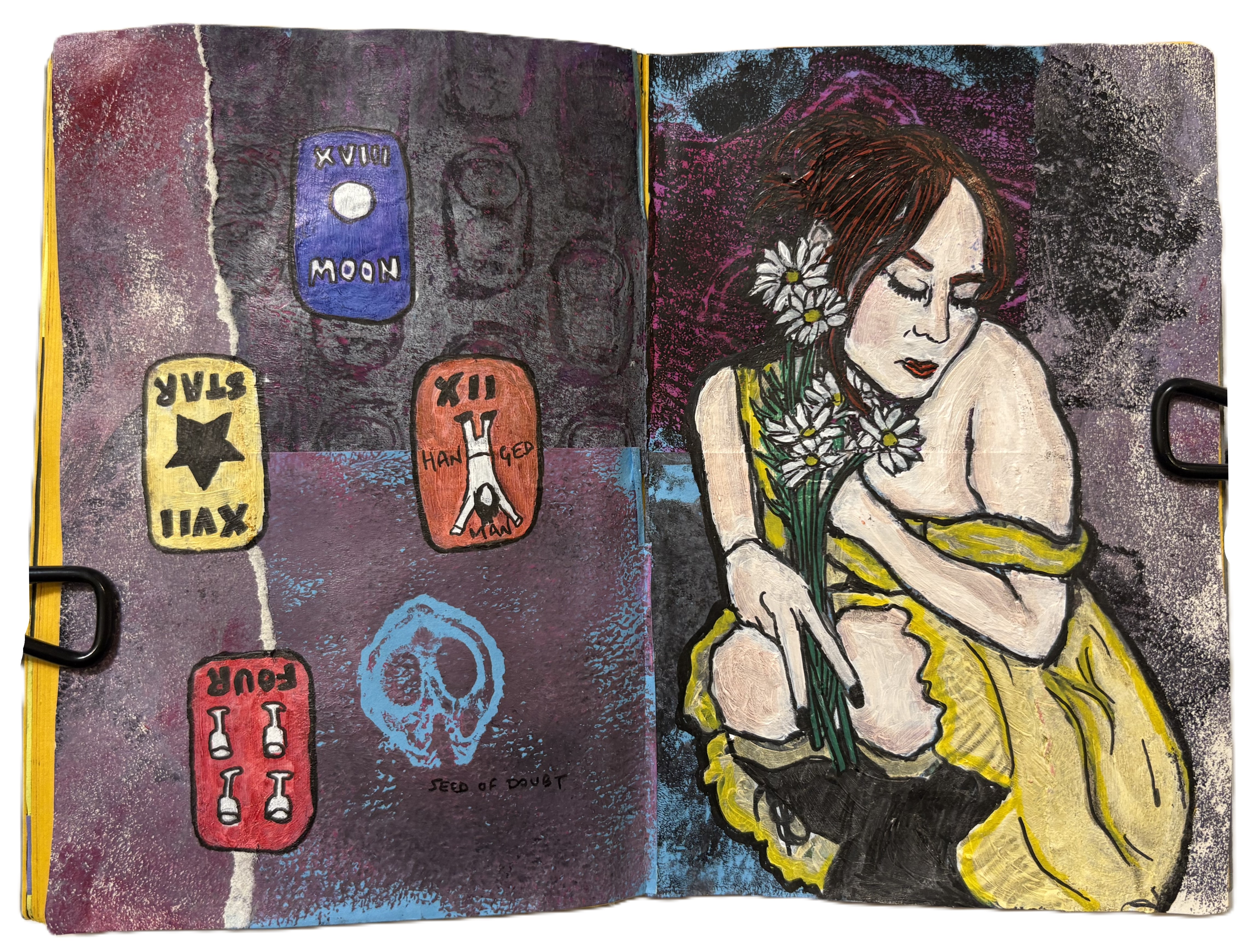 November 2024: An illustration of a tarot card spread and a woman with her eyes closed in a yellow dress crouching and holding white flowers. The background is collage from discarded gelli prints using ring pulls and walnut shells.