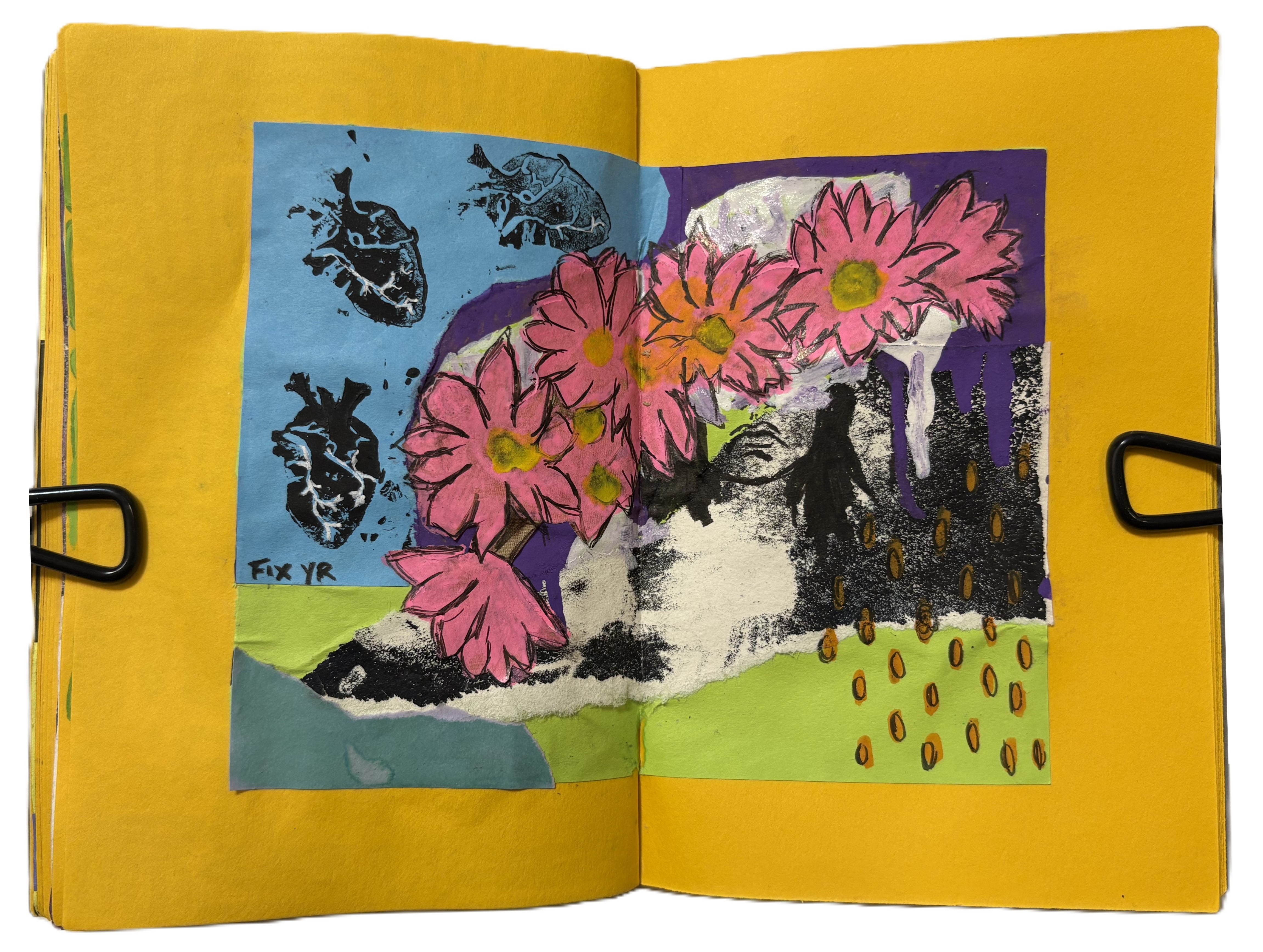 January 2025: A collage of colored paper, stamped anatomical hearts, doodled pink flowers, and an illustrated sad looking face in the background. Words say, fix yr. This was originally from a zine I was making.