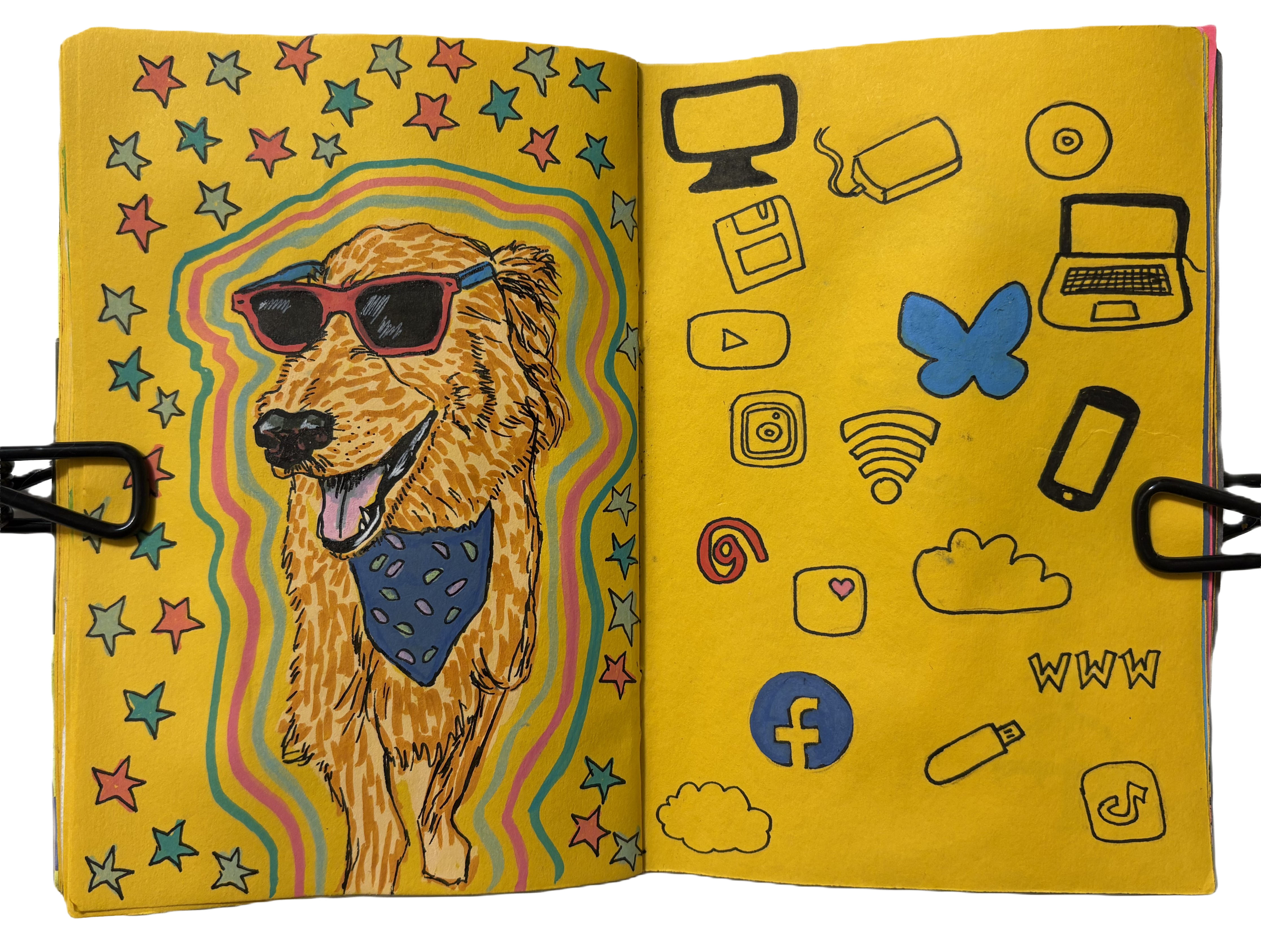 June/July 2025: An illustration of a tan dog wearing sunglasses surrounded by colorful doodles. On the opposite page is doodles of social media icons, technology, and obsolete media that I was testing for a zine.