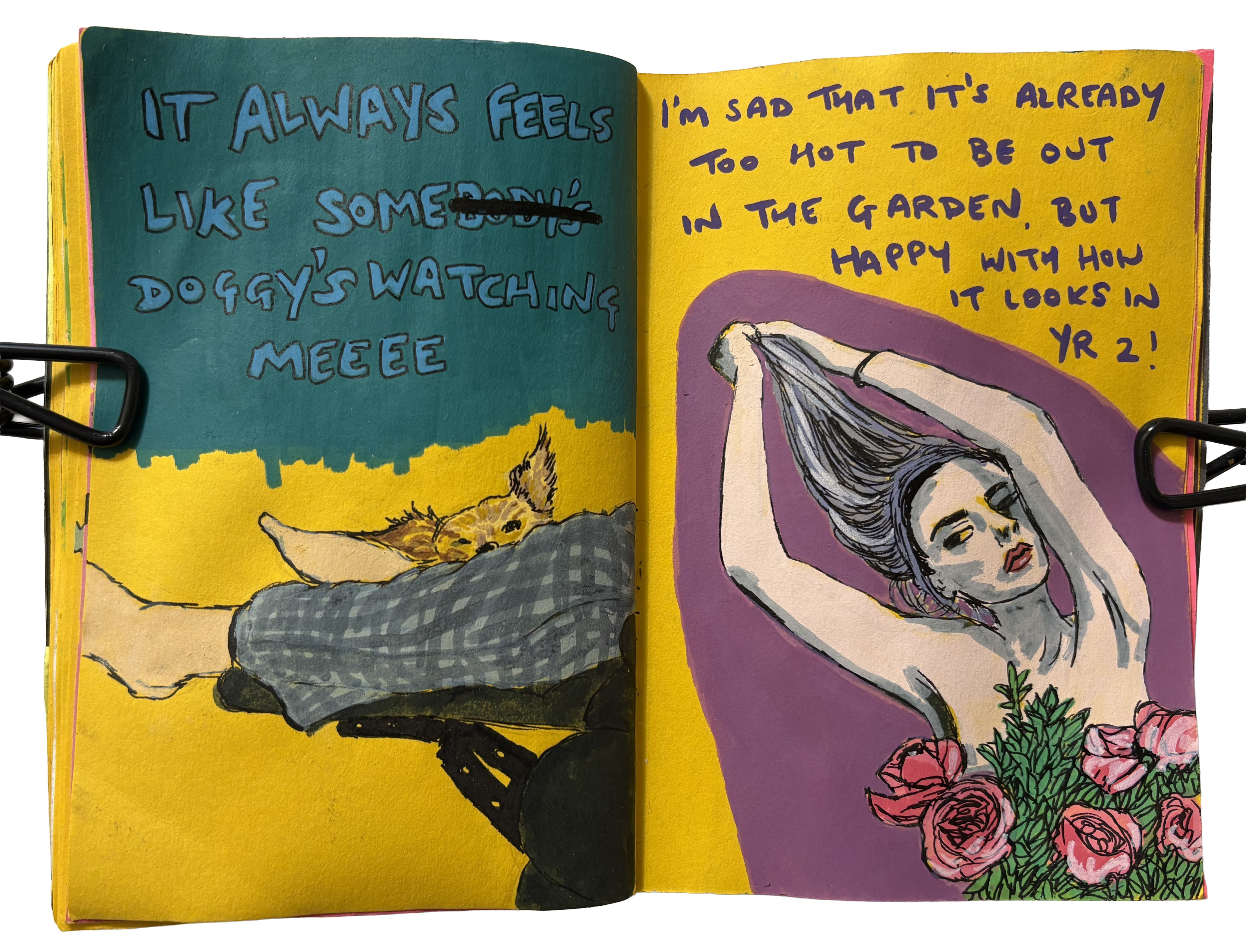 July 2025: An illustration on the left of my dog staring at me from across the room over the legs of my husband. Modified lyrics by Rockwell are above to say, It always feels like some doggys watching me. On the right is a drawing of a nude woman covered in flowers, pulling her hair towards the sky. Handwriting above her is about gardening.