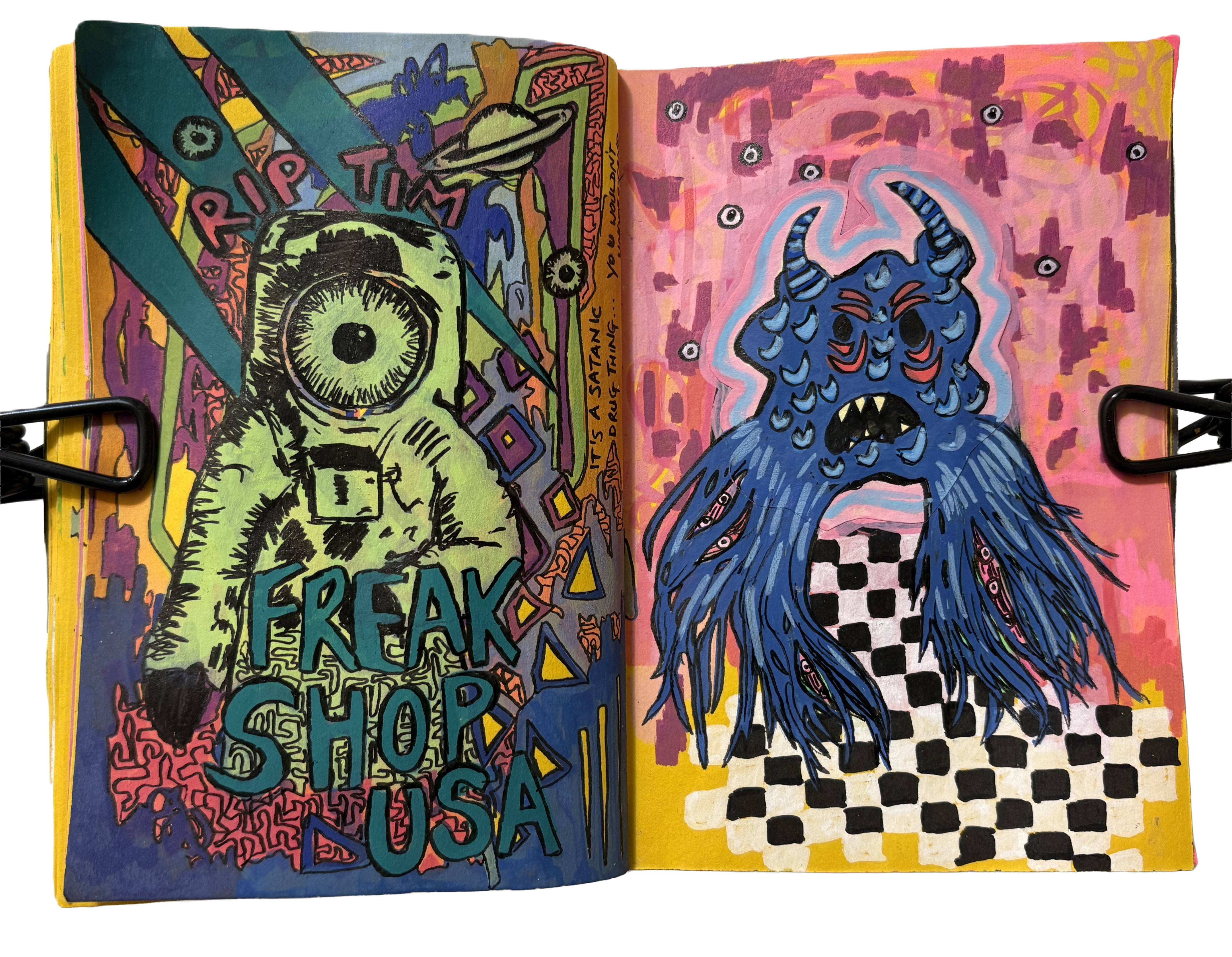 July 2025: An illustration of a weird astronaut from an old Monster Magnet zine in tribute to Tim Cronin with doodles surrounding it. On the opposite page is a weird blue monster surrounded by doodles.