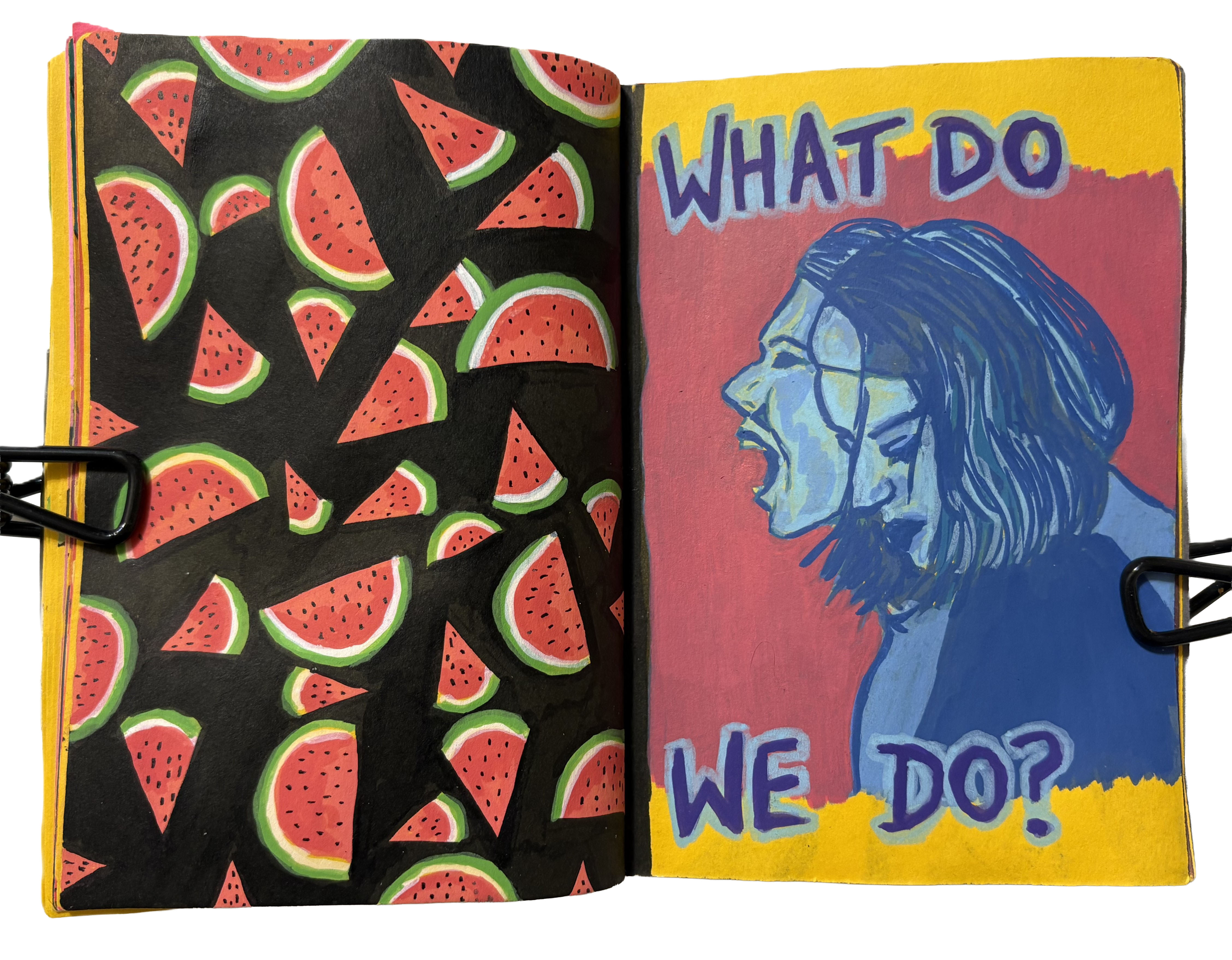 July 2025: An illustration on the left of patterned watermelon slices against a black background. On the right is a double exposure drawing of a blue woman looking down and herself screaming with the words, What do we do? next to her.