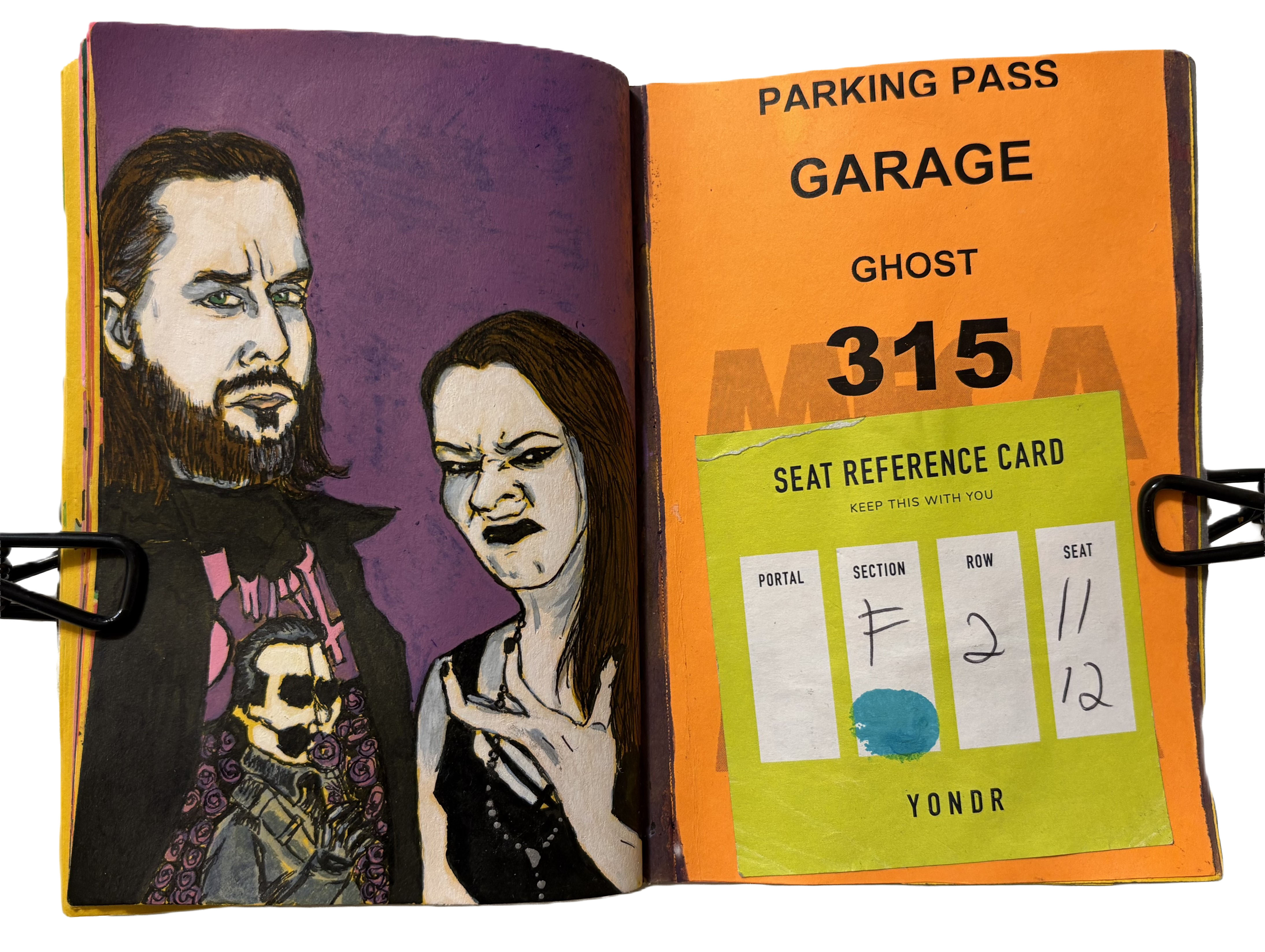 August 2025: An illustration of myself and my husband all gothed up to see the band Ghost live. The opposite page has ephemera from the concert.