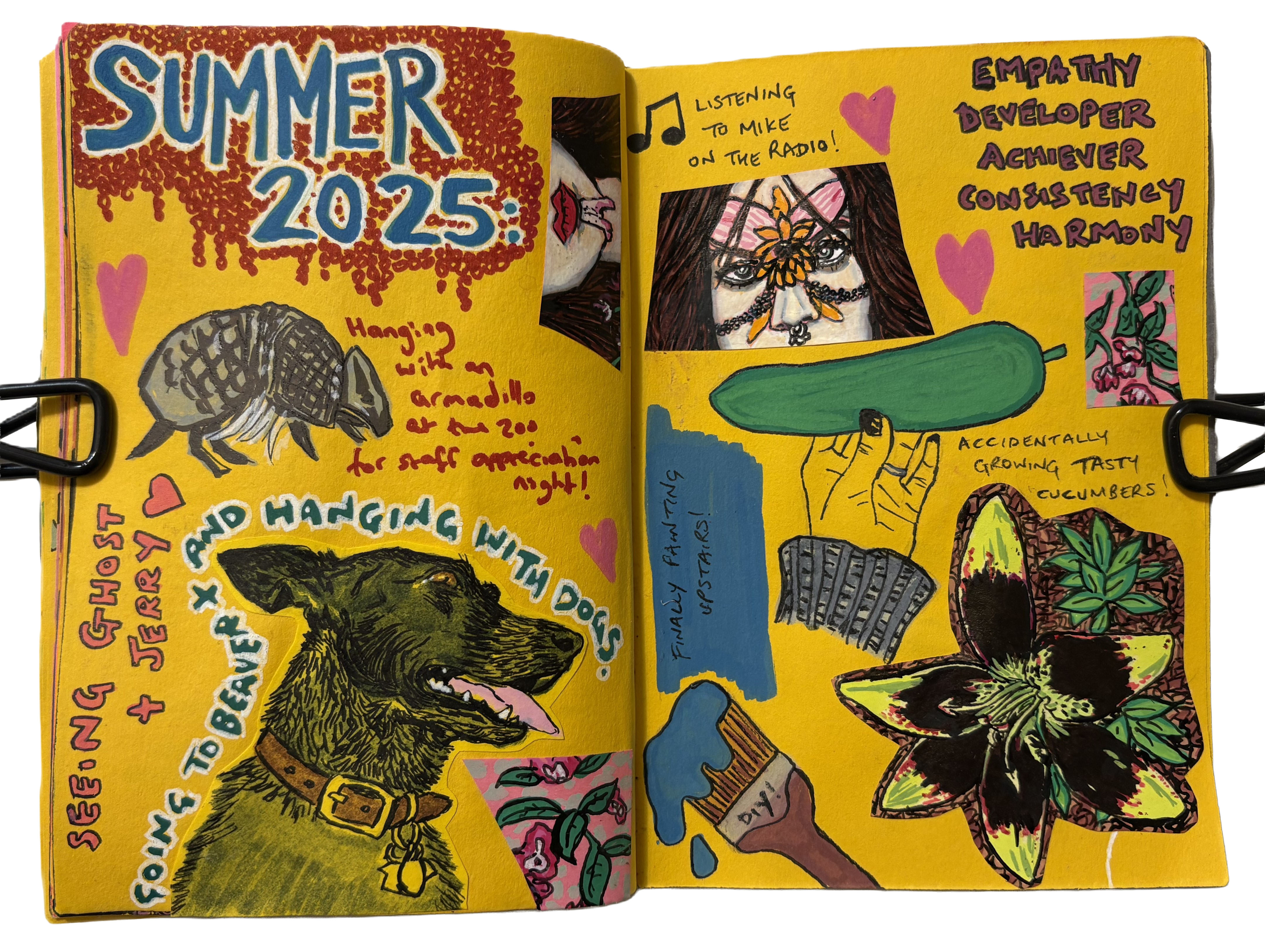 June-August 2025: Illustrations from my summer including an armadillo at the zoo, a black and white dog, my hand holding a home grown cucumber, a paintbrush painting a wall, a lily growing in my yard, and a woman with flowers on her face.
