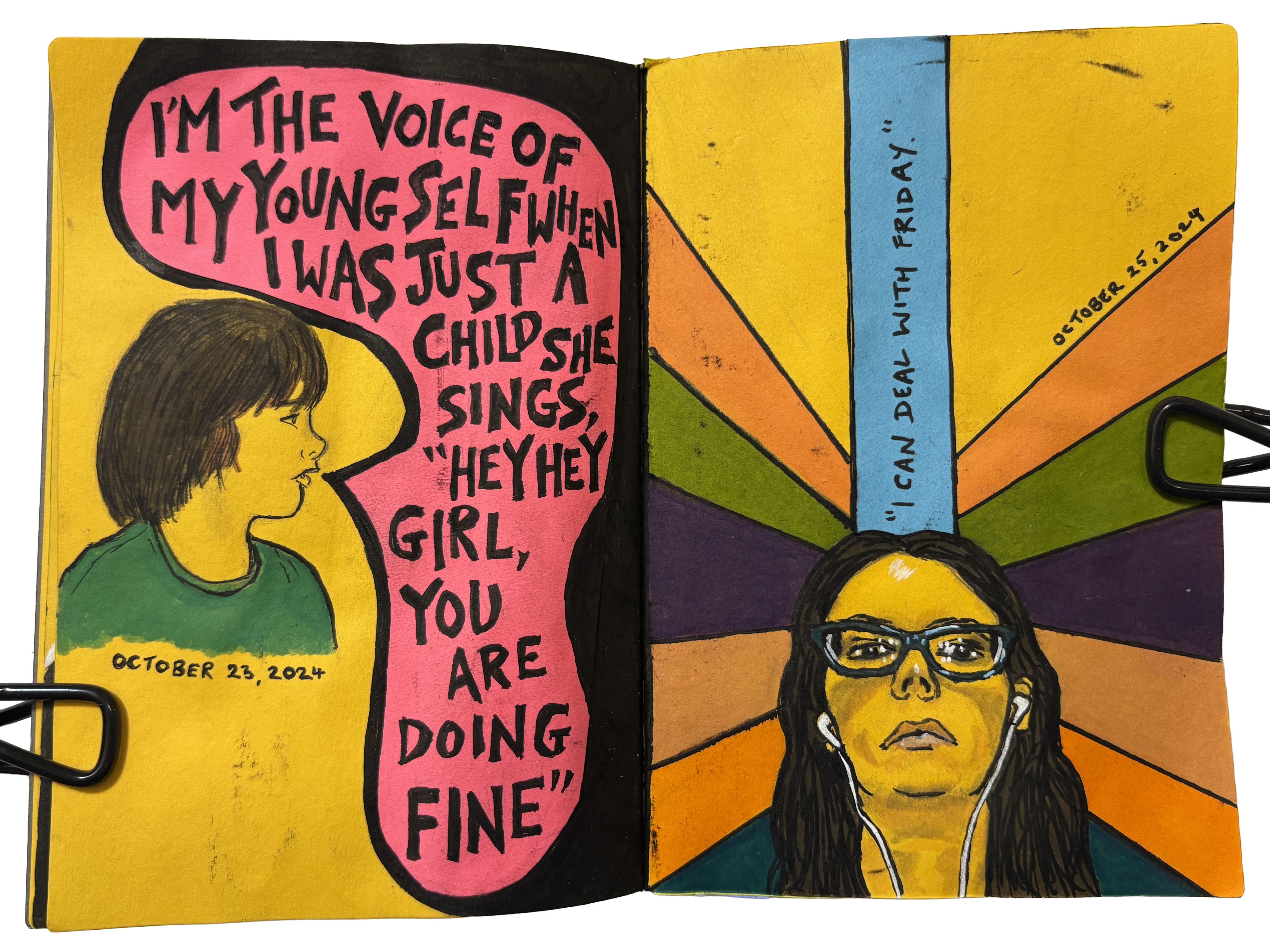 October 2024: An illustration of myself as a child singing the lyrics to Chewing Gum by Amyl and the Sniffers next to an illustration of myself listening to music at work with words above my head, I can deal with Friday.