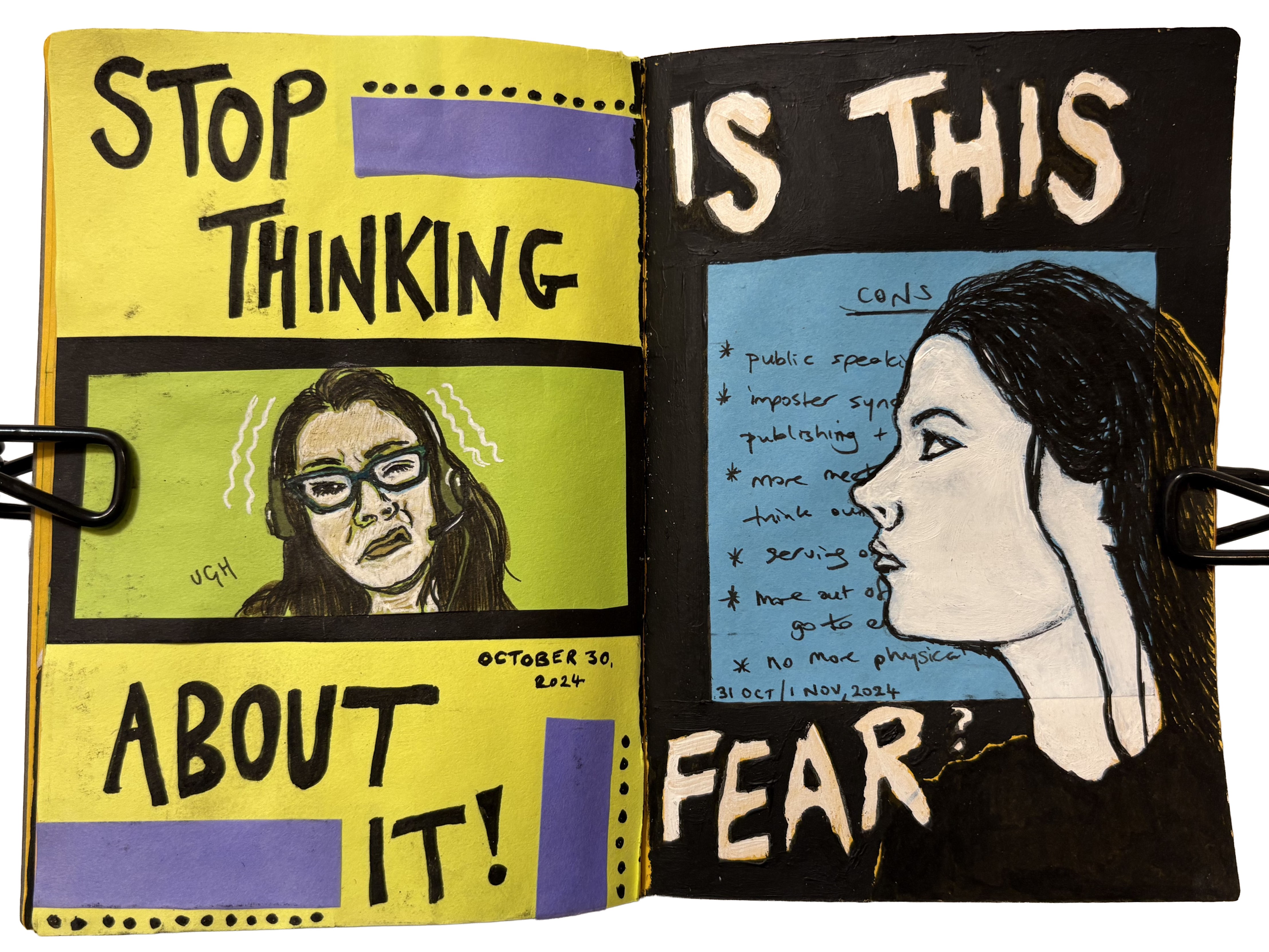 October/November 2024: Illustrations of myself looking worried and scared after an interview next to the words, Stop thinking about it! and Is this fear?
