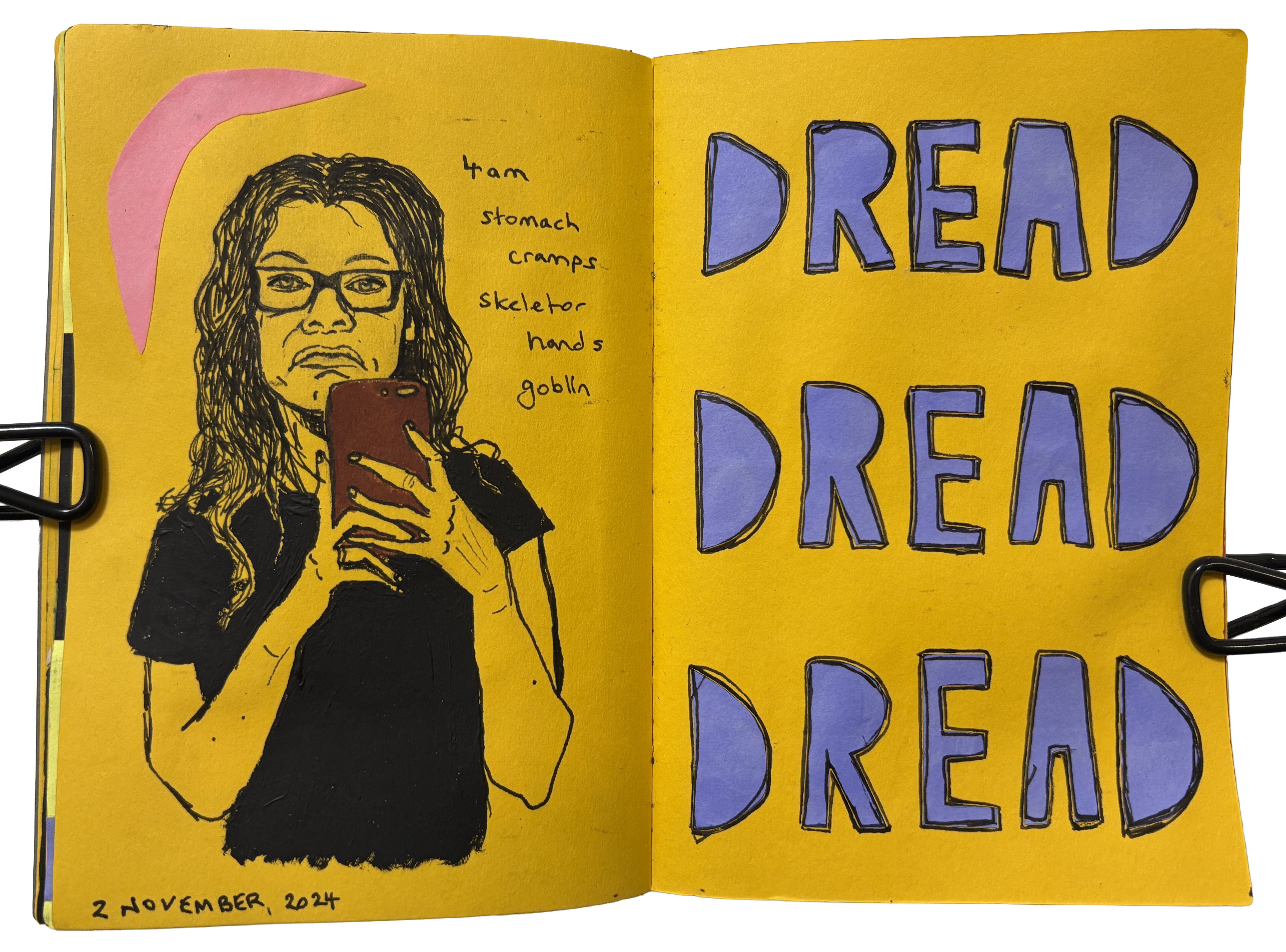 November 2024: An illustration of myself taking a mirror self looking grumpy next to the words, 4am stomach cramps skeletor hands goblin. On the next page is collaged words in purple that say dread three times.