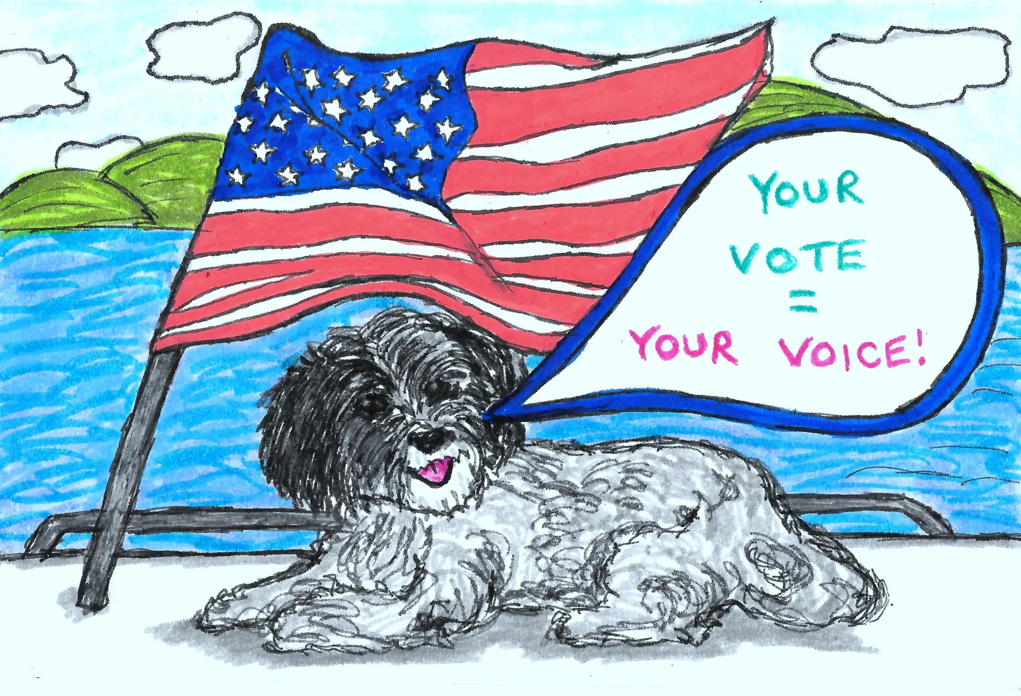 The postcard is of a cute dog on a boat under an American telling people to vote! The postcard was made with ink and acrylic markers.