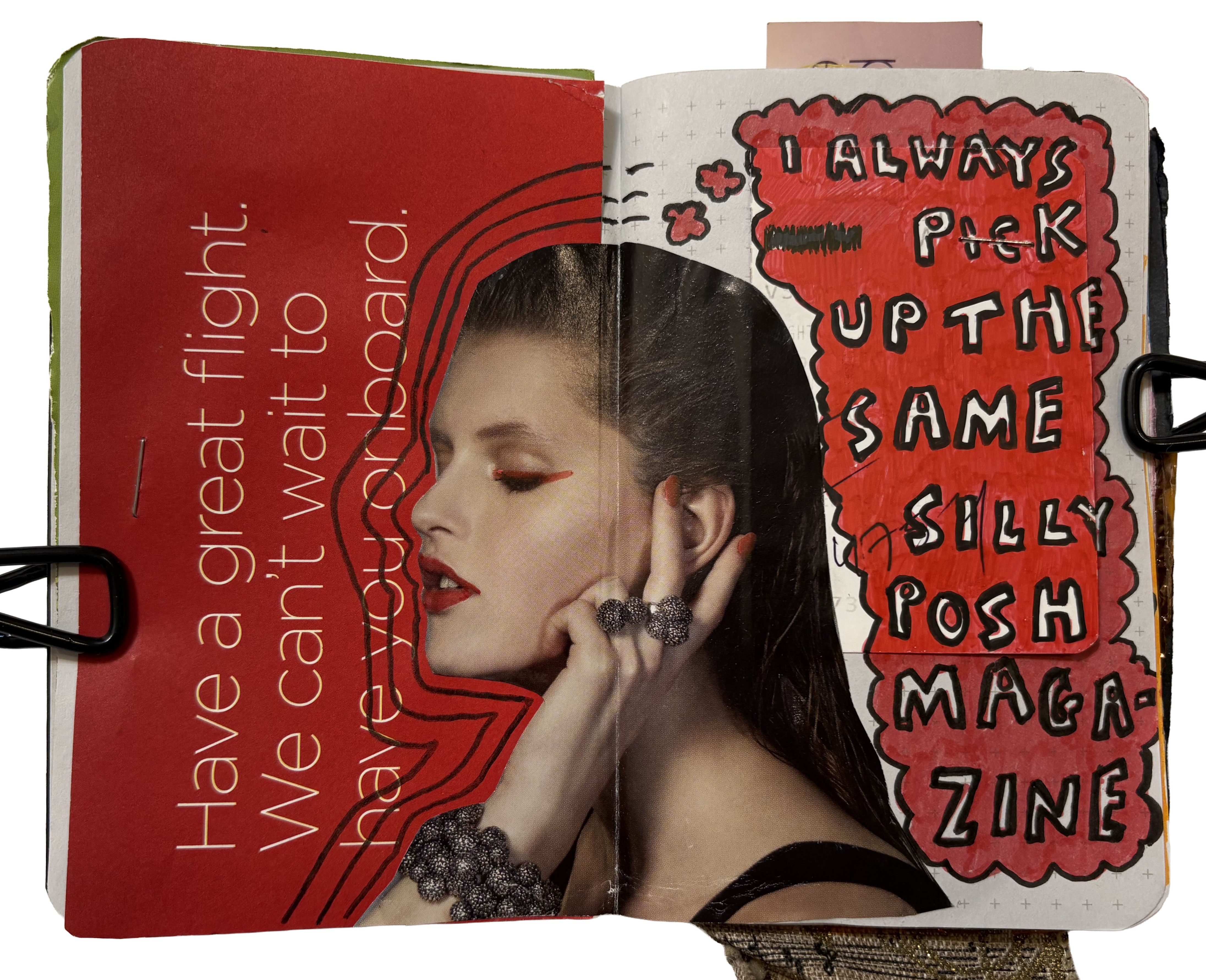 A mixed media art journal page with a collage from a silly posh magazine I pick up for free every time I fly thinking it will be good for journaling with.