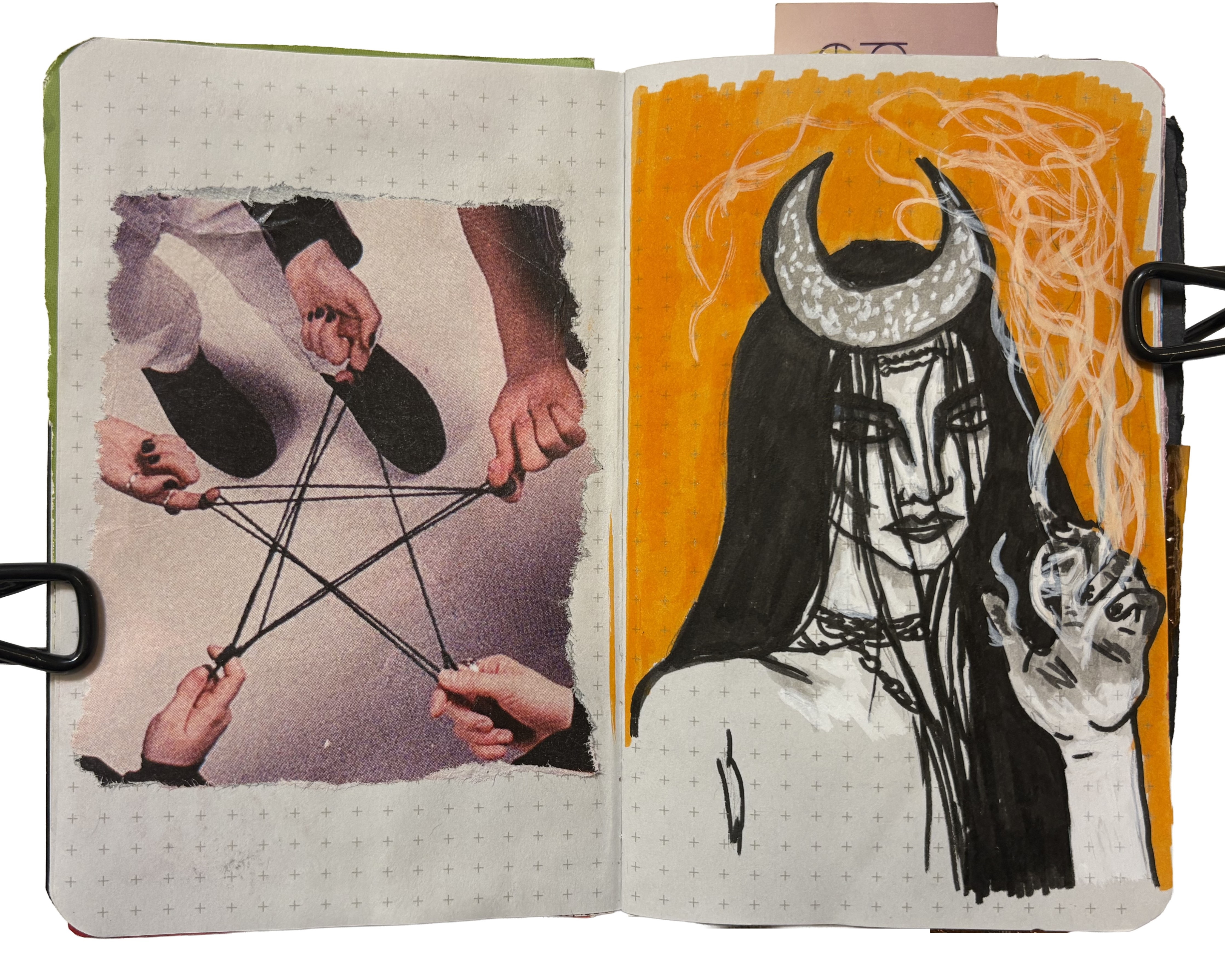 Day 352/365 of Year of Creative Habits.Day 352/365 of Year of Creative Habits. A torn image of people holding a string pentagram from a magazine and a quick sketch of a woman with smoke coming from her hands that I drew while jetlagged in my art journal.