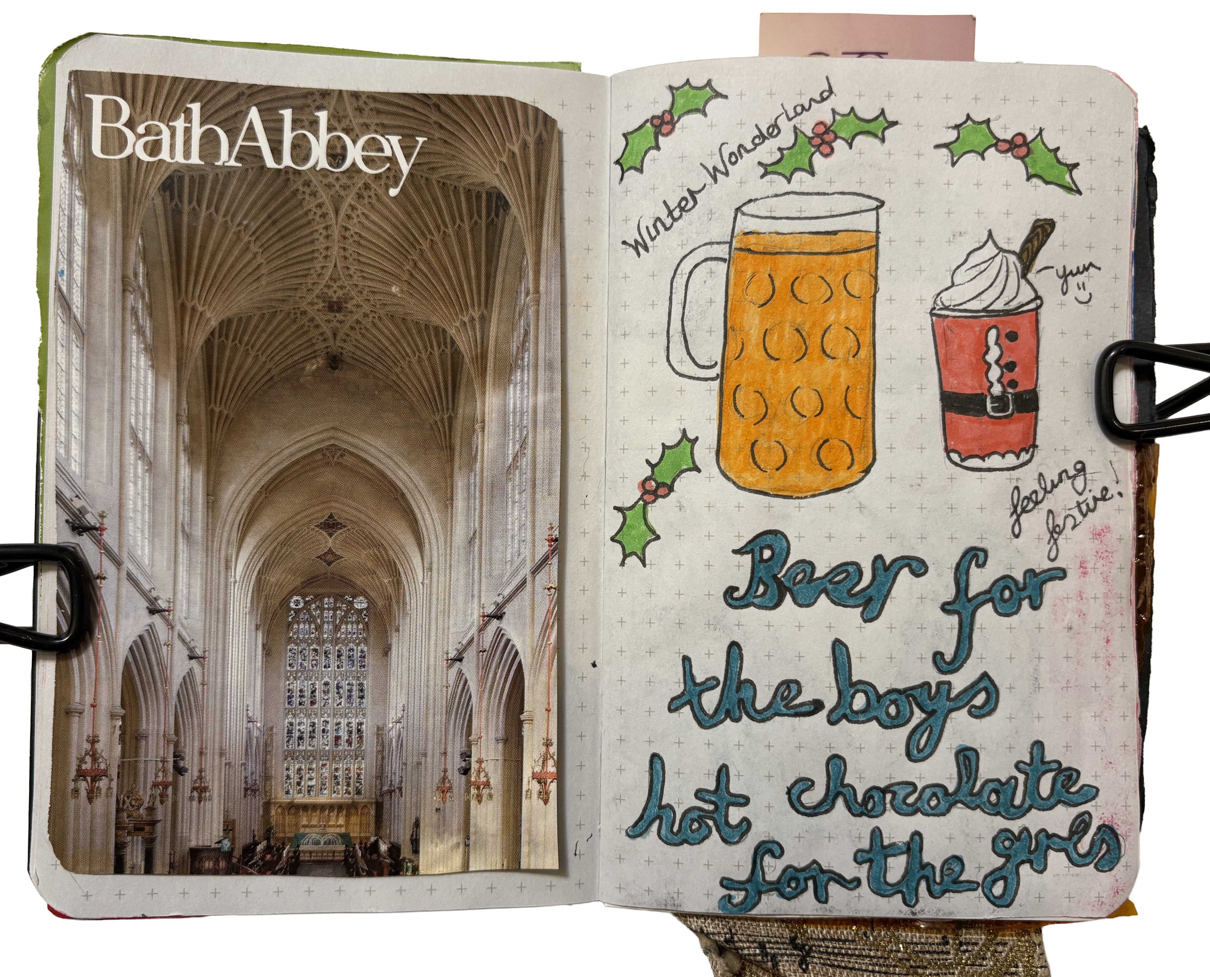 A mixed media art journal page with an image of Bath Cathedral and some doodles of the boys drinking beer and the girls drinking hot chocolate at a German Christmas market.
