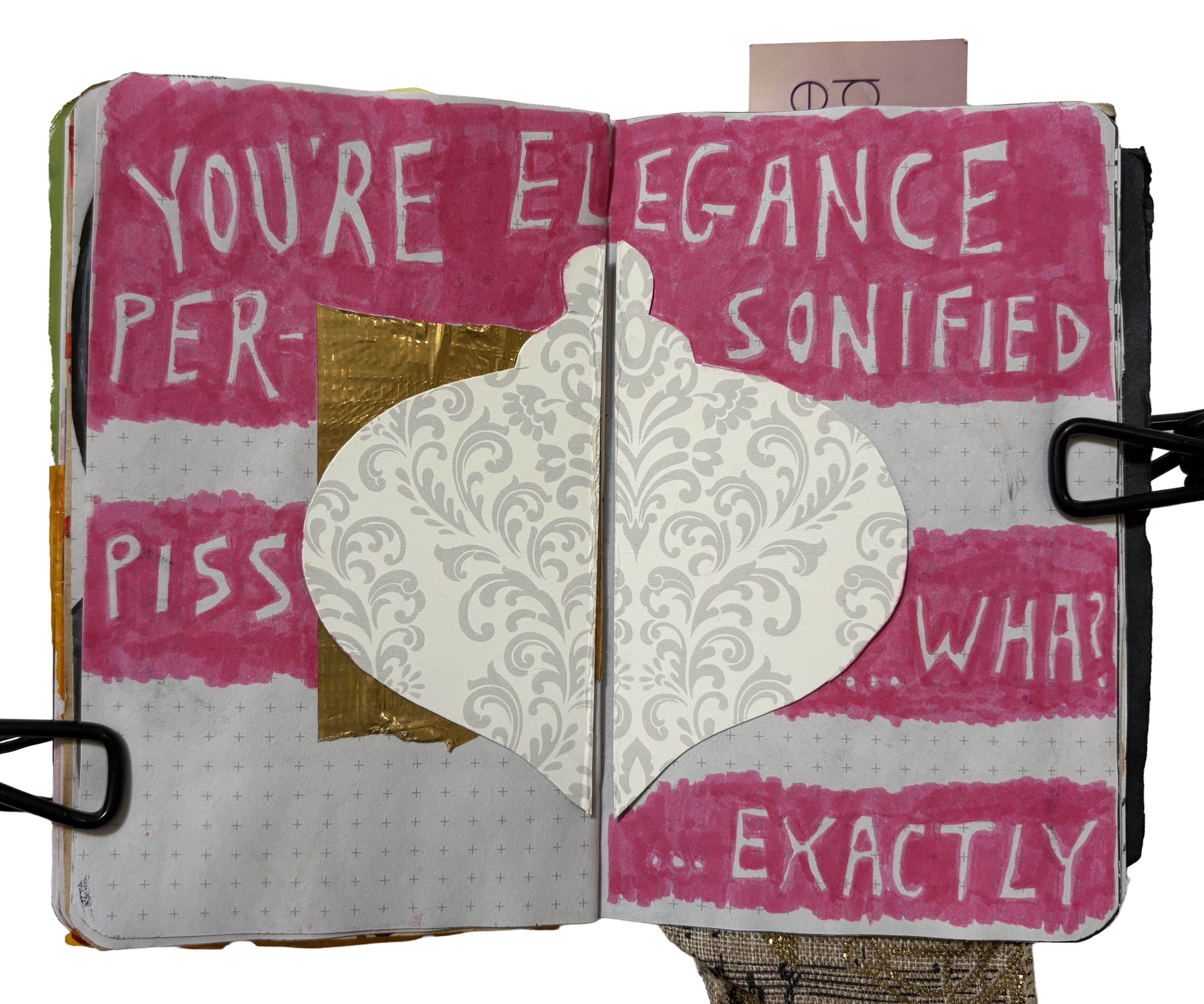 A mixed media art journal page with a collage from a Christmas card with a silly conversation between me and my dad.