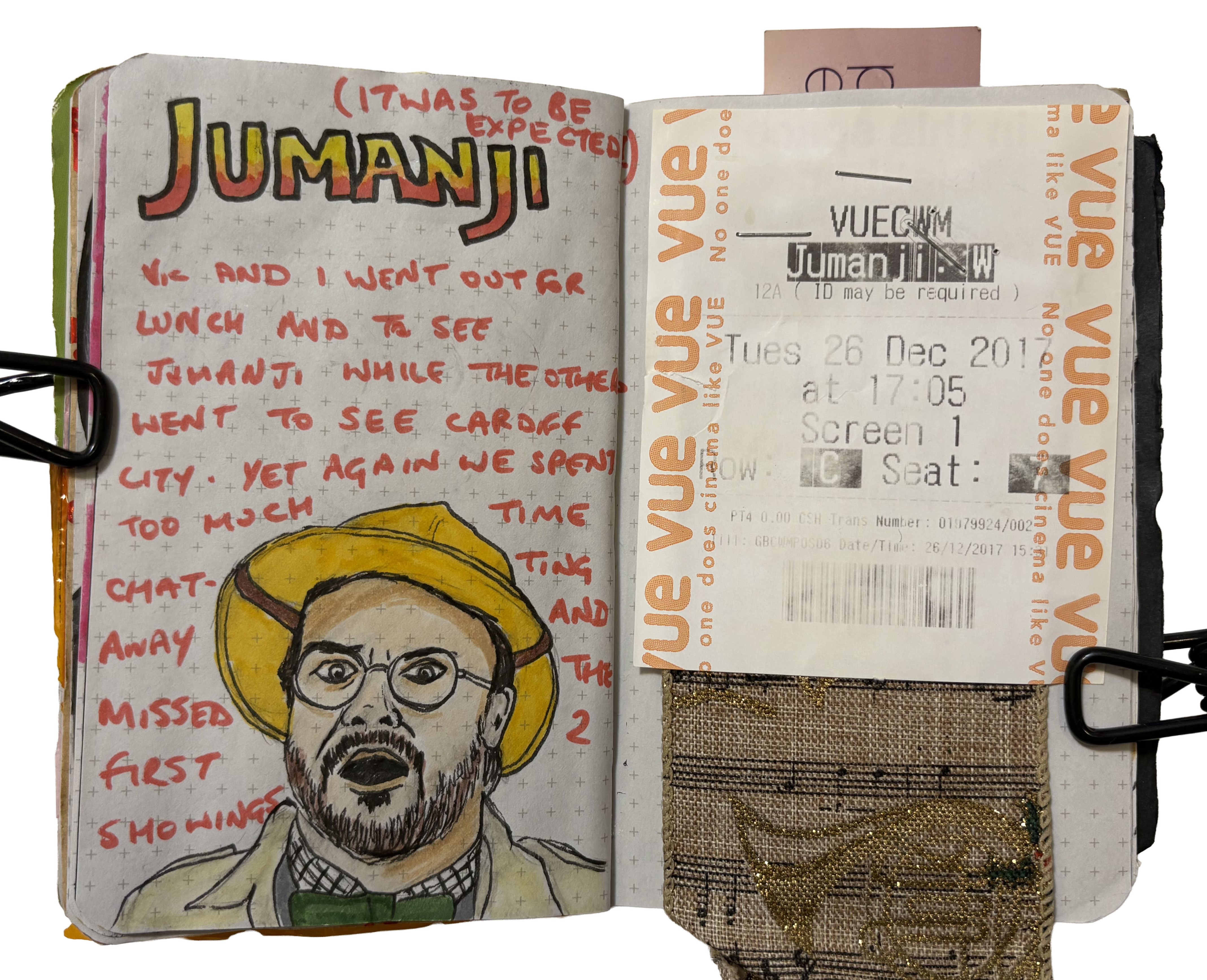 An art journal illustration of Jack Black in Jumanji with ephemera from the screening.