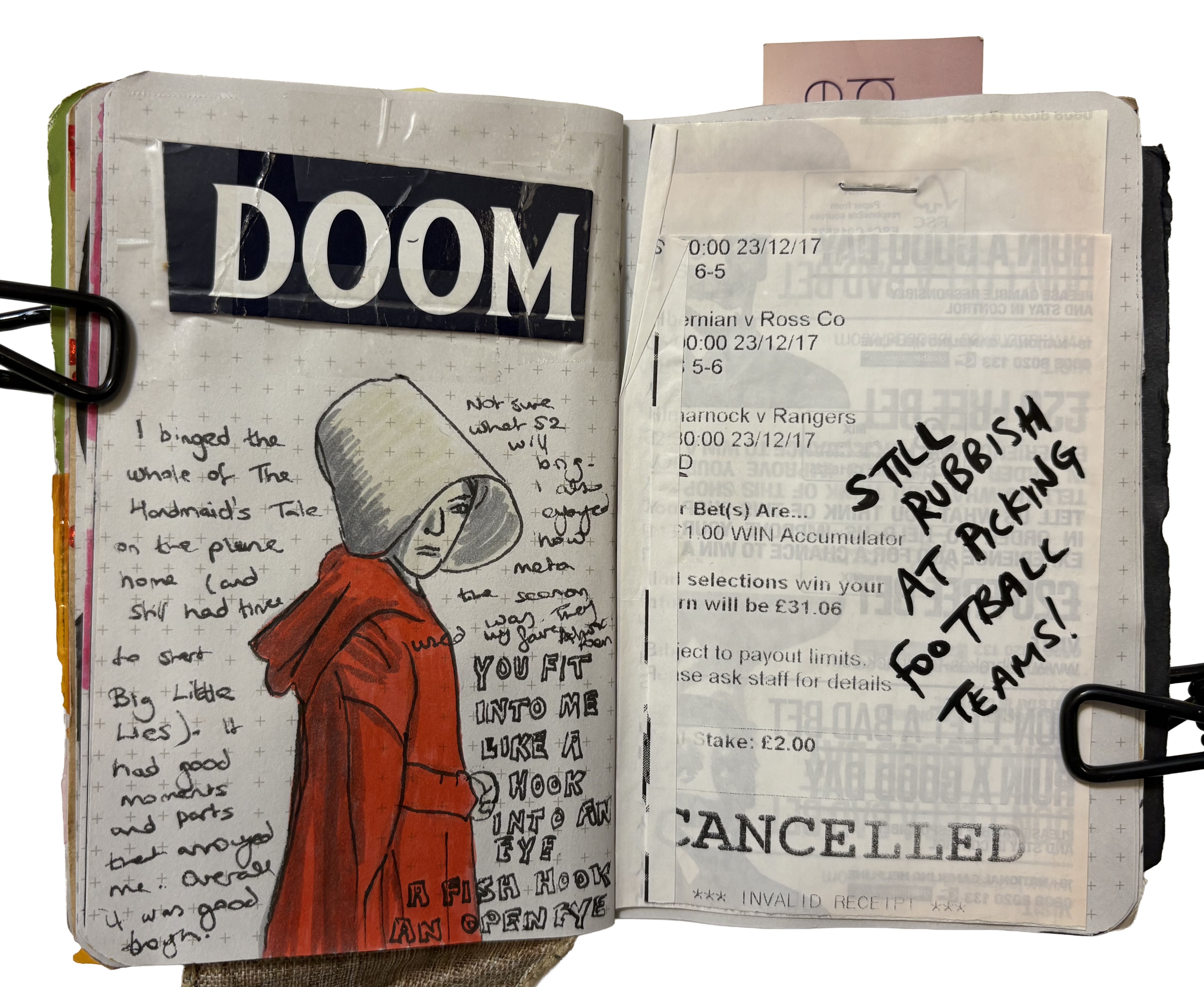 An art journal illustration of a handmaid from The Handmaid's Tale with a quote by Margaret Atwood and ephemera from my trip to Wales.