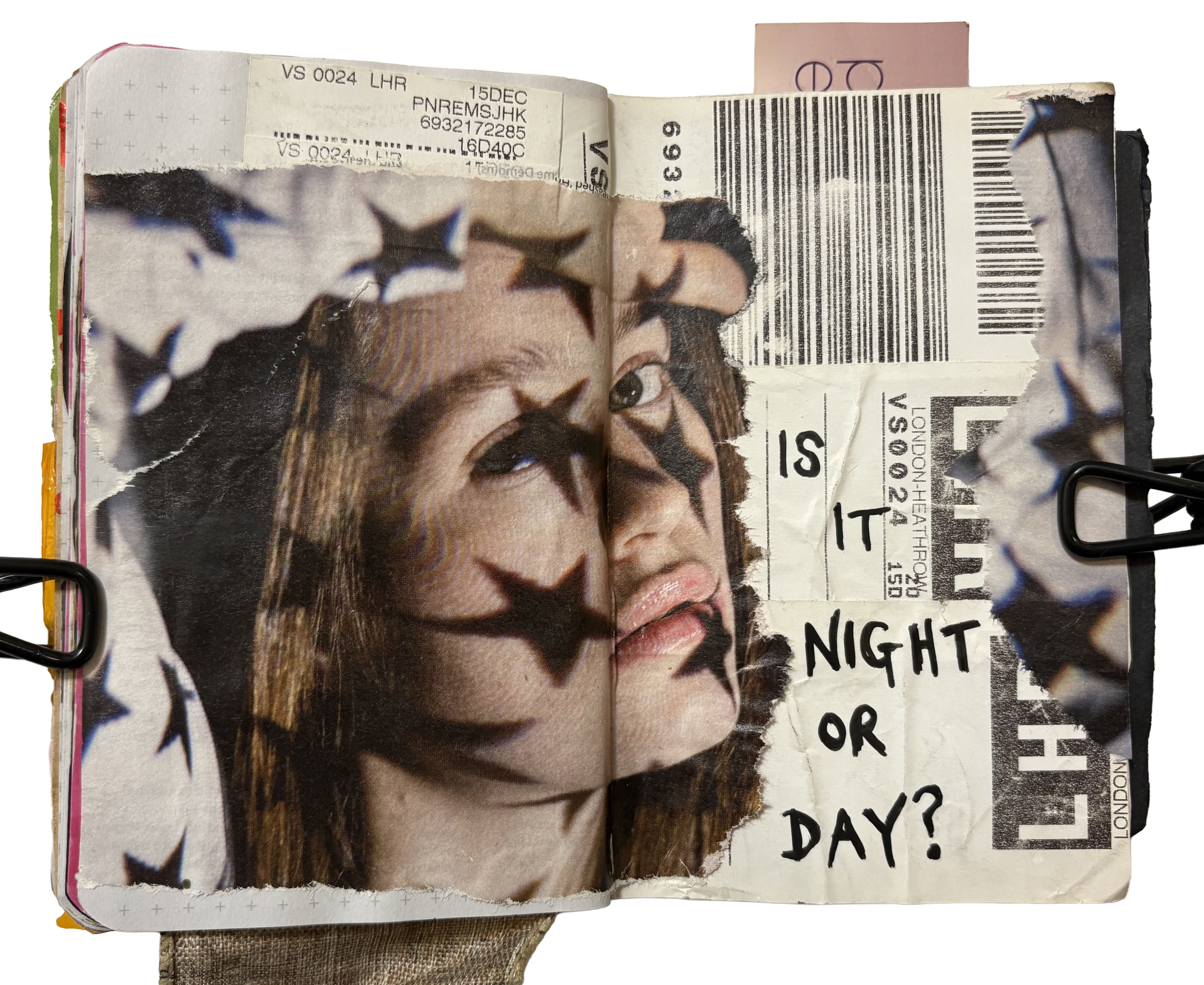 A mixed media art journal collage of a woman with projected stars on her face next to travel ephemera and words about not knowing if it is night or day.