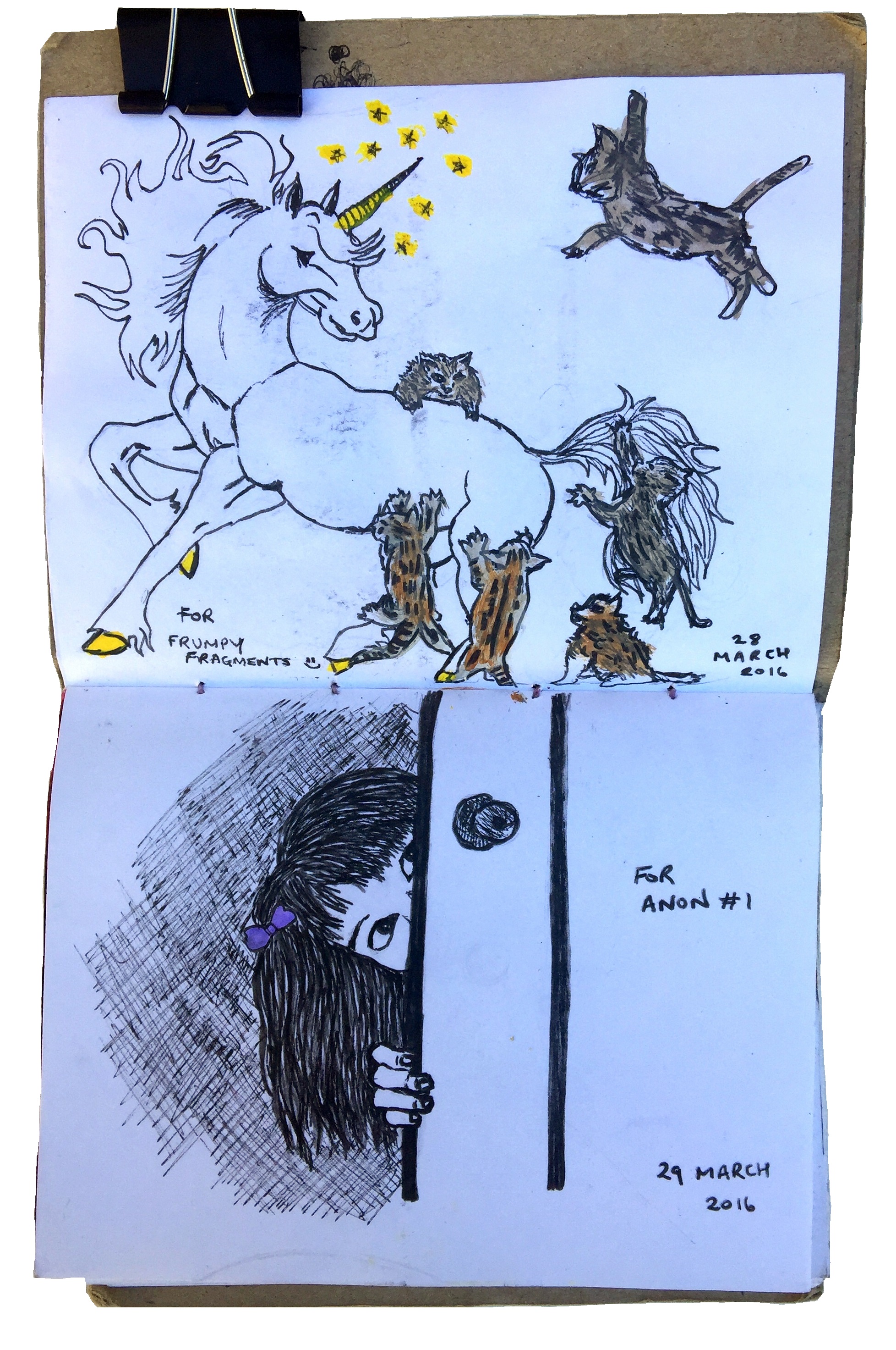Art journal illustrations of a unicorn getting attacked by kittens and a little girl peeking around a door, requests by Tumblr followers.