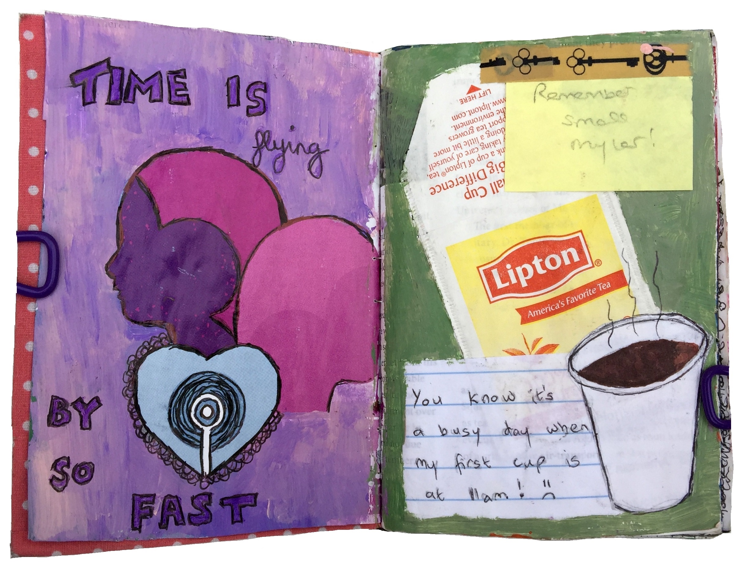 A mixed media art journal collage of women and a heart about time flying by and an illustration of tea with tea and work ephemera.