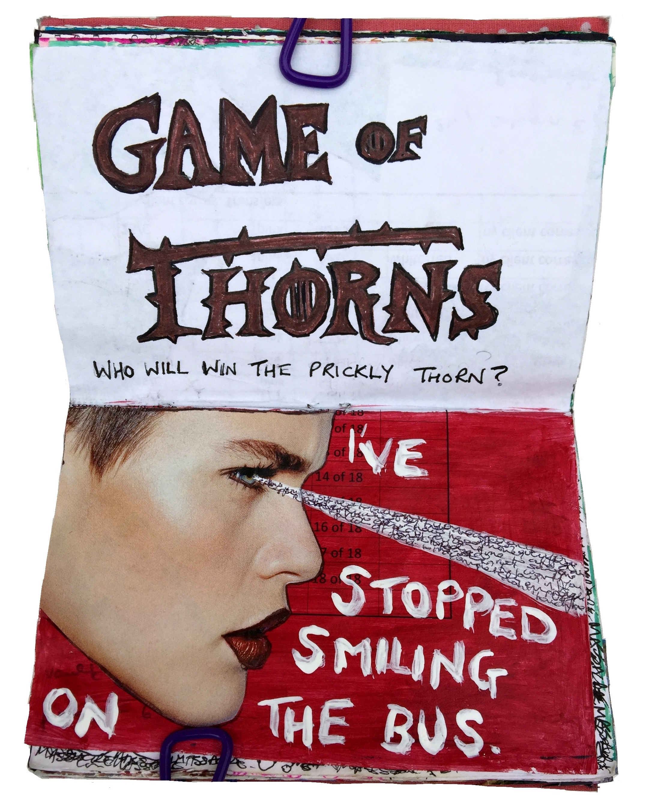 A mixed media art journal illustration making fun of Game of Thrones and a collage about harassment on public transport.