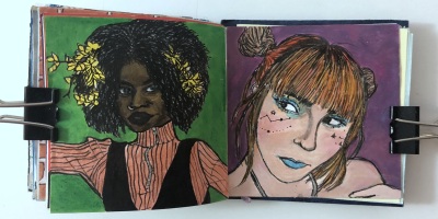 A book of post-it portraits from Sktchy; the portraits were created with acrylic paint, acrylic markers, and ink.