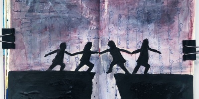 A moleskine art journal illustration of silhouetted people trying to pull others over a chasm; the page was created with ink and acrylic paint.