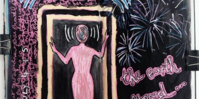 A field notes art journal illustration of a pink abstract person holding onto a door frame with fireworks and the words "the earth moved" next to it; the page was created with ink, acrylic paint, and acrylic markers.