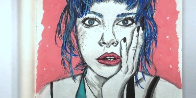 A moleskine art journal illustration of a woman with blue hair in despair, the page was created with ink and acrylic markers.