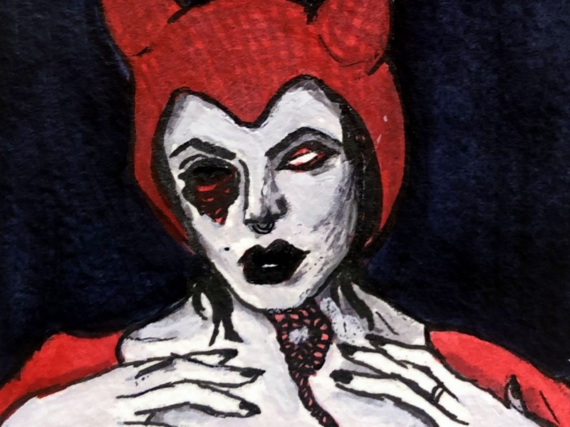Painting of a person with a red garment and horned headpiece against a dark blue background.